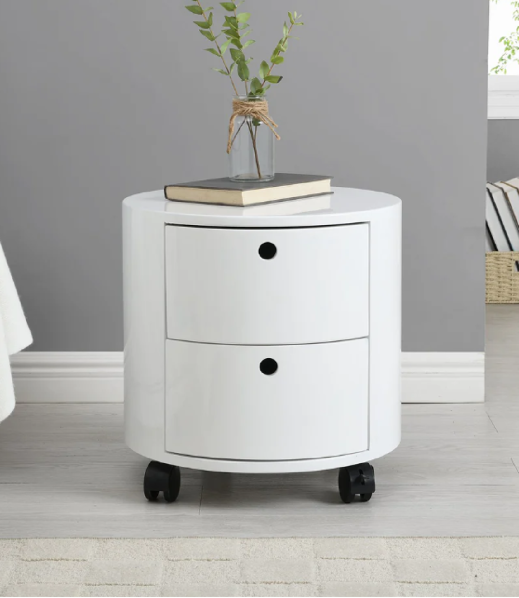 DOLIO Drum Chest Bedside Table, Barrel Side Table with Drawers High Gloss White 2 Drawer. - SR6. RRP