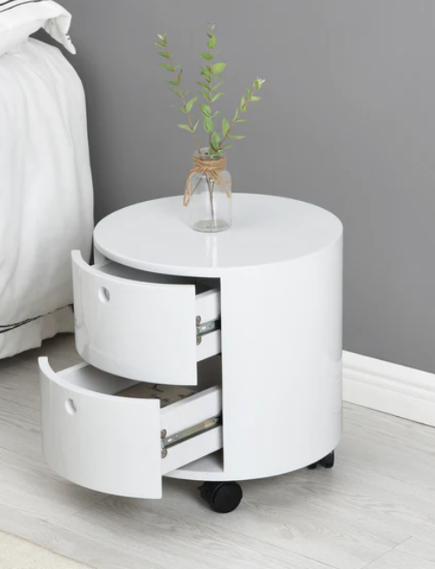 DOLIO Drum Chest Bedside Table, Barrel Side Table with Drawers High Gloss White 2 Drawer. - SR6. RRP - Image 2 of 2