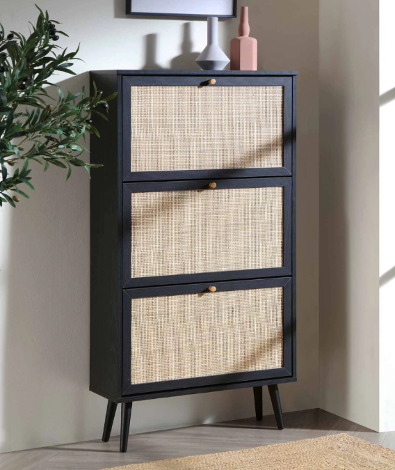 Frances Rattan 3 Tier Shoe Storage Cabinet, Black. - SR6. RRP £219.99. Crafted from natural rattan