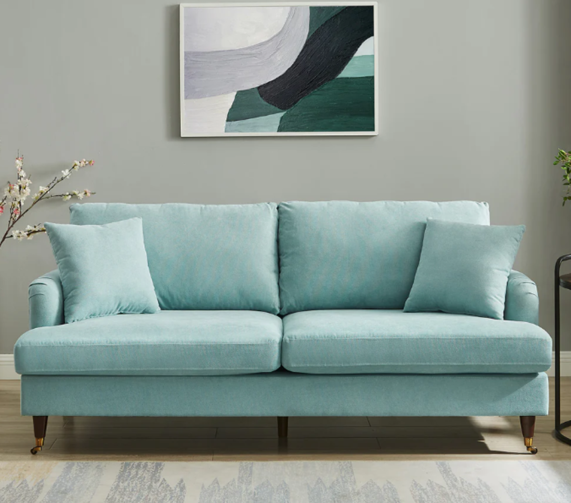 Brigette 3-Seater Mint Soft Brushed Sofa with Antique Brass Castor Legs. RRP £499.99. - SR6.