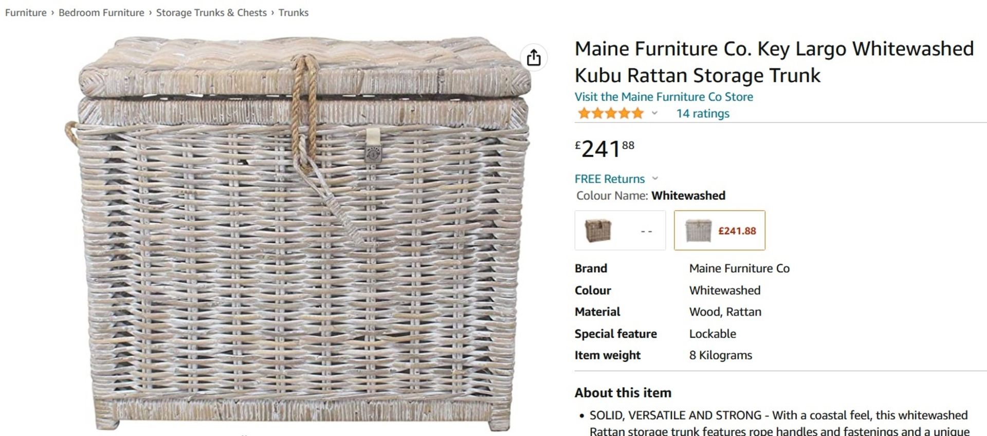 New & Boxed Maine Furniture Co. Maine Furniture Co. Key Largo Whitewashed Kubu Rattan Storage - Image 2 of 4