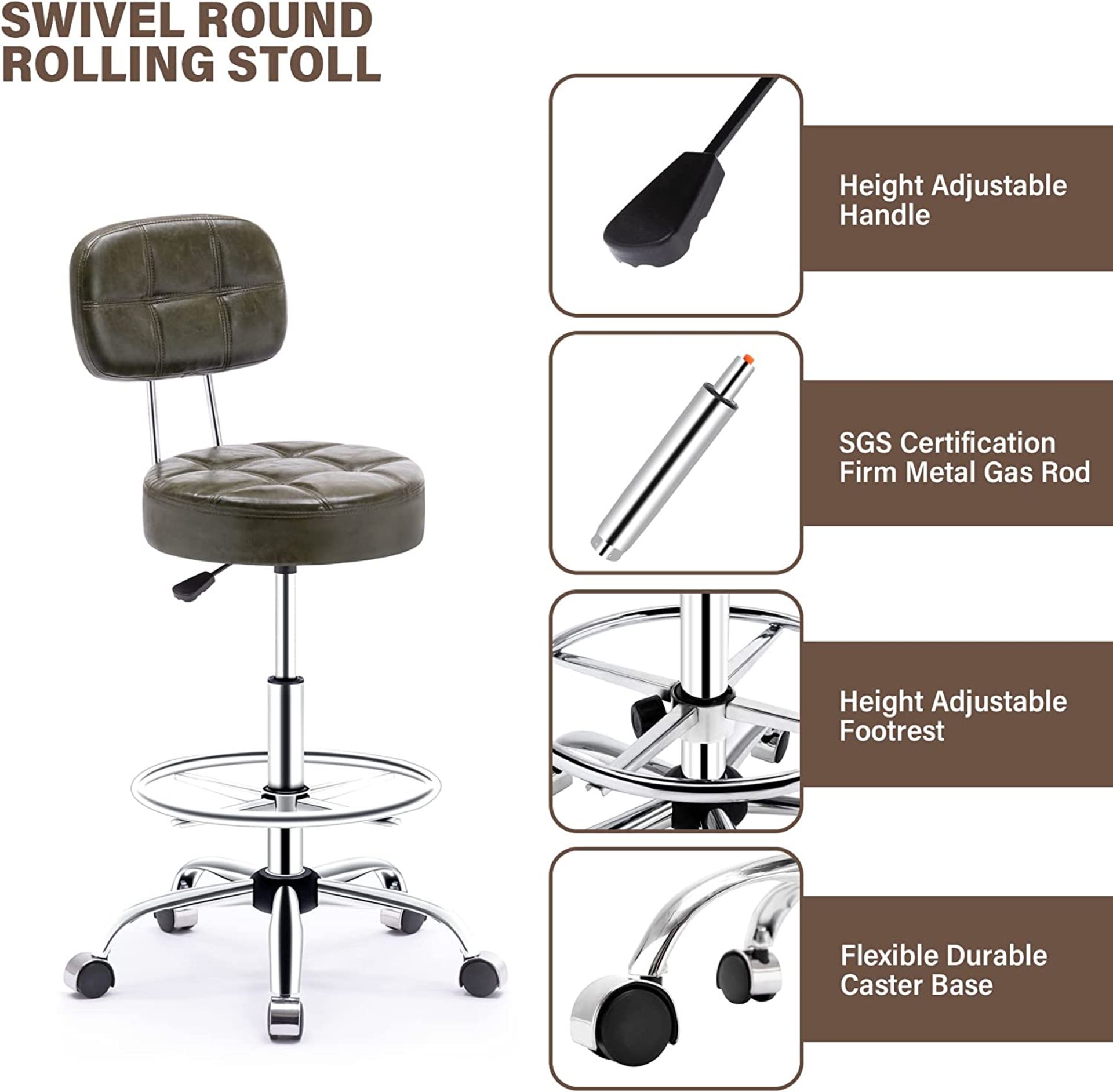 NEW Rolling stool with High Backrest and Adjustable Footrest,Pu Leather Massage Stool Ergonomic - Image 2 of 4