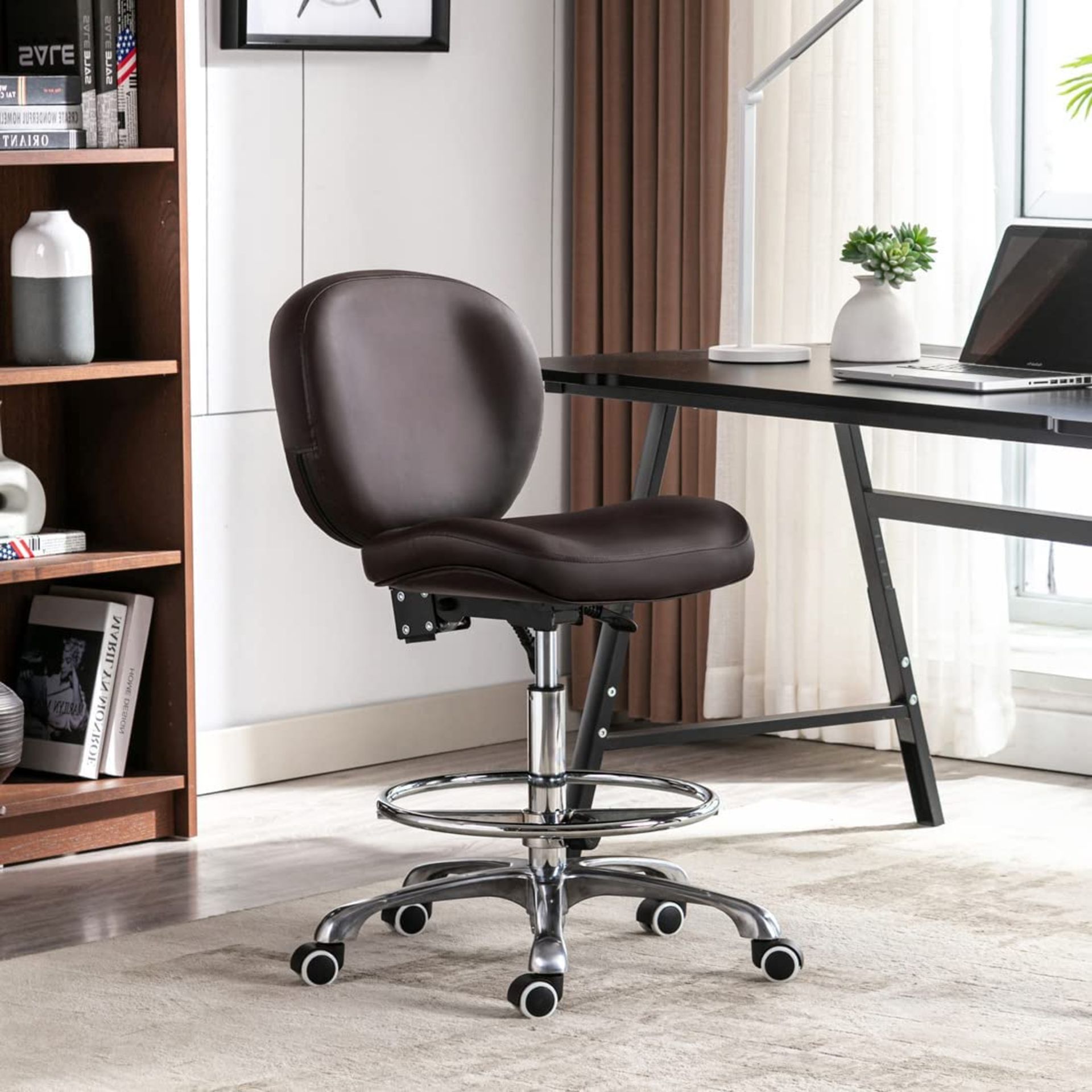 NEW Drafting Chair with Wheels Ergonomic Studio Chair with Adjustable Footrest and Backrest PU