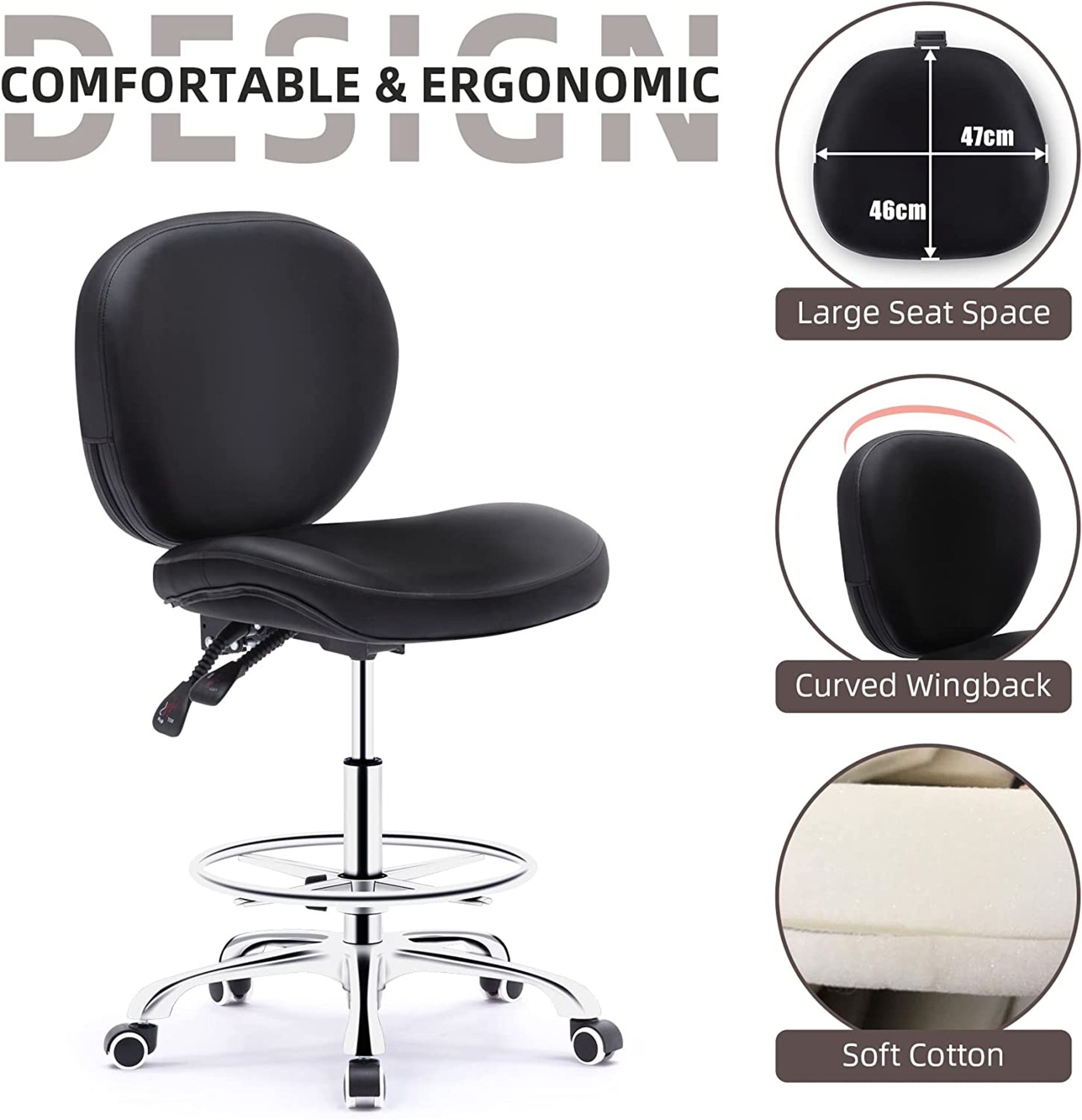 NEW Drafting Chair with Wheels Ergonomic Studio Chair with Adjustable Footrest and Backrest PU - Image 2 of 5
