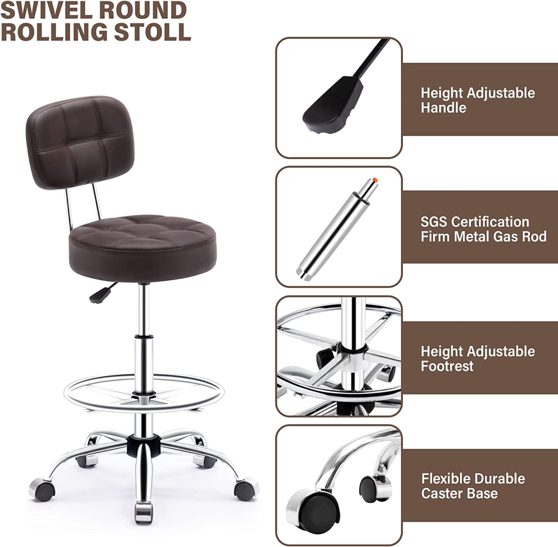 NEW Rolling stool with High Backrest and Adjustable Footrest,Pu Leather Massage Stool Ergonomic - Image 3 of 6