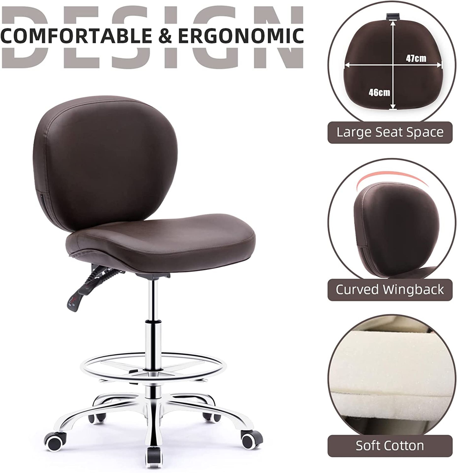 NEW Drafting Chair with Wheels Ergonomic Studio Chair with Adjustable Footrest and Backrest PU - Image 3 of 4
