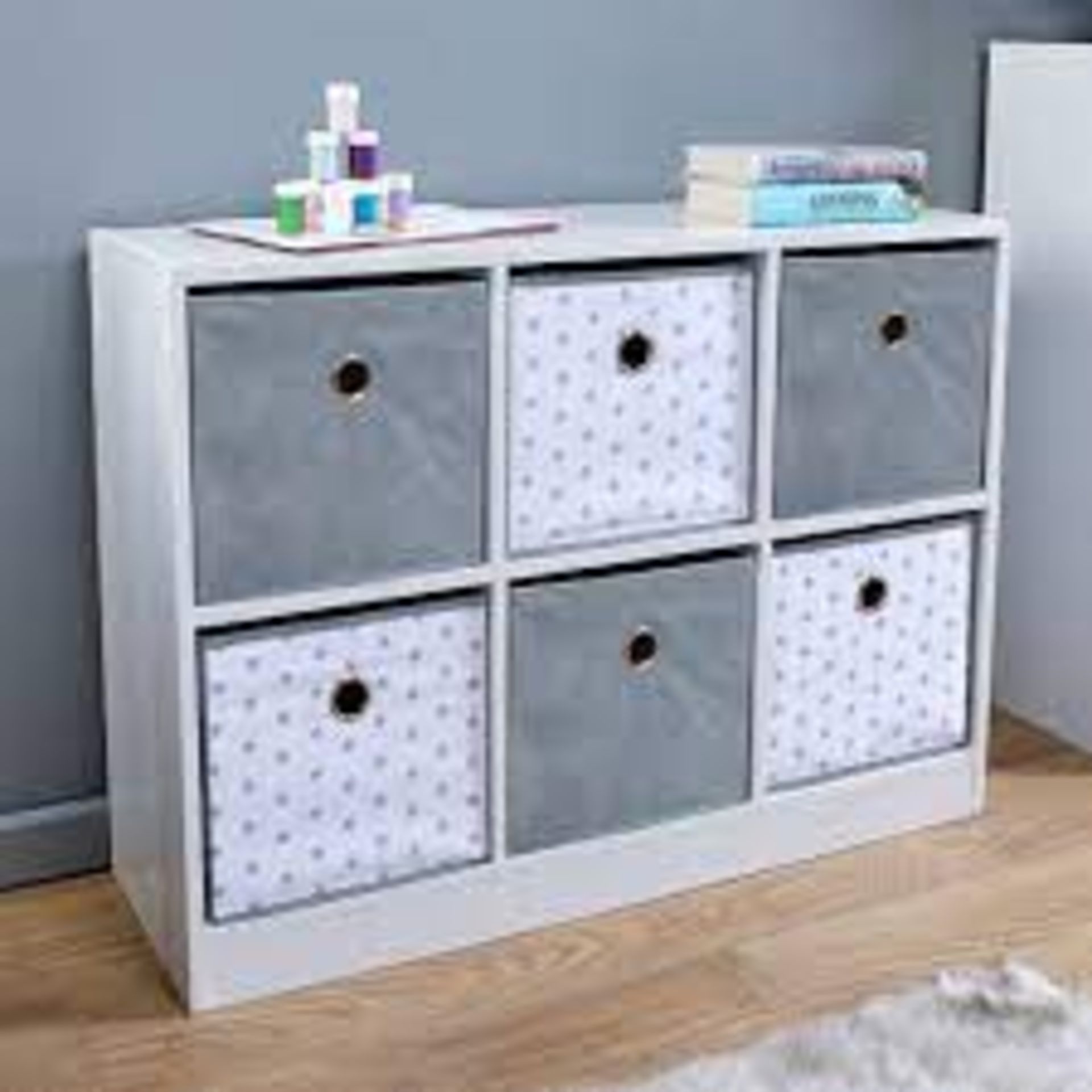 Jive 6 Cube Storage Drawers - Grey/Grey Stars. - SR3. This grey and white storage bookcase is the