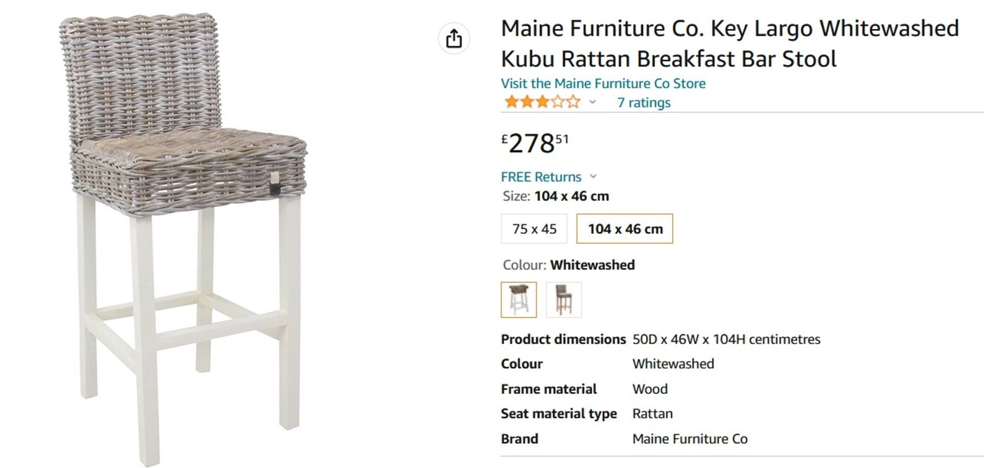 NEW & BOXED Maine Furniture Co. Key Largo Whitewashed Kubu Rattan Breakfast Bar Stool. RRP £278. - Image 4 of 4