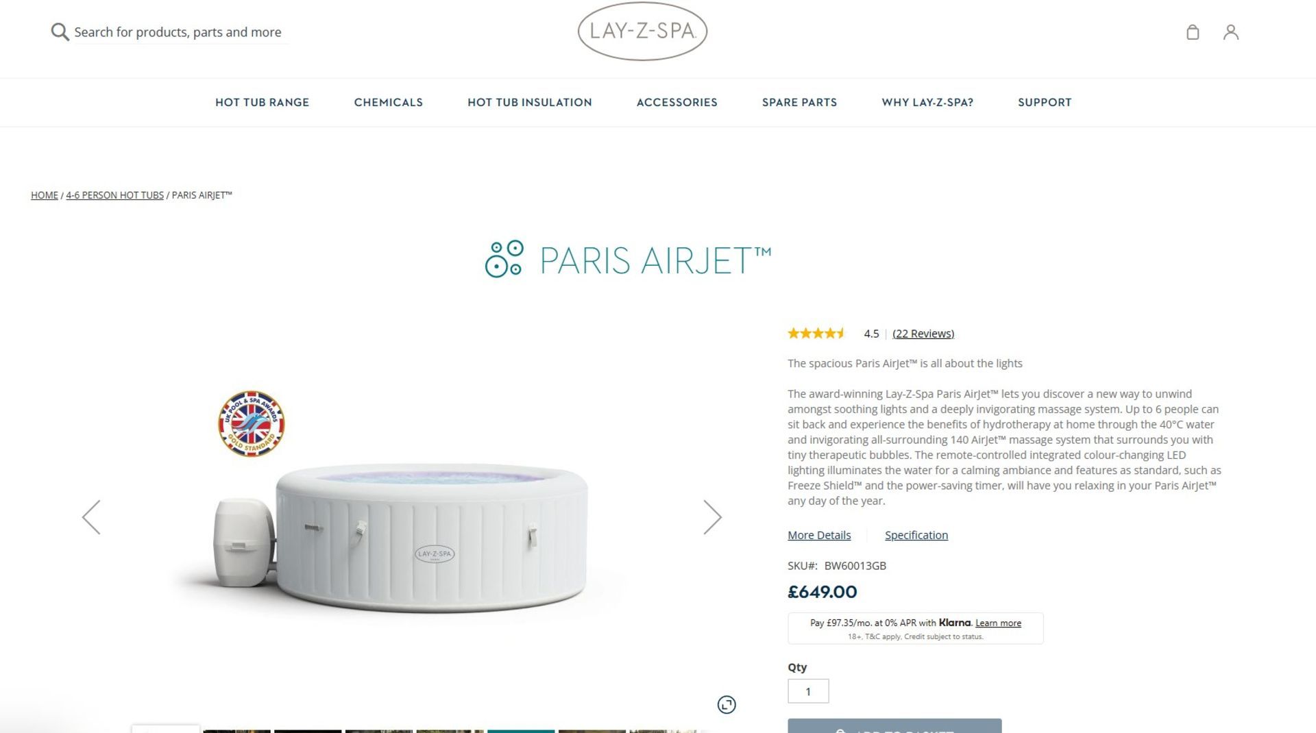 NEW & Boxed LAY-Z-SPA 6 Person PARIS AIRJET. The spacious Paris AirJet™ is all about the lights. The