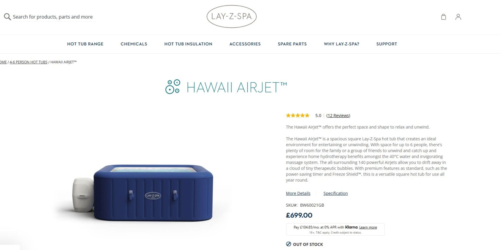 PALLET TO CONTAIN 4 x NEW & BOXED LAY-Z-SPA 6 PERSON HAWAII AIRJET. RRP £699 EACH. The Hawaii