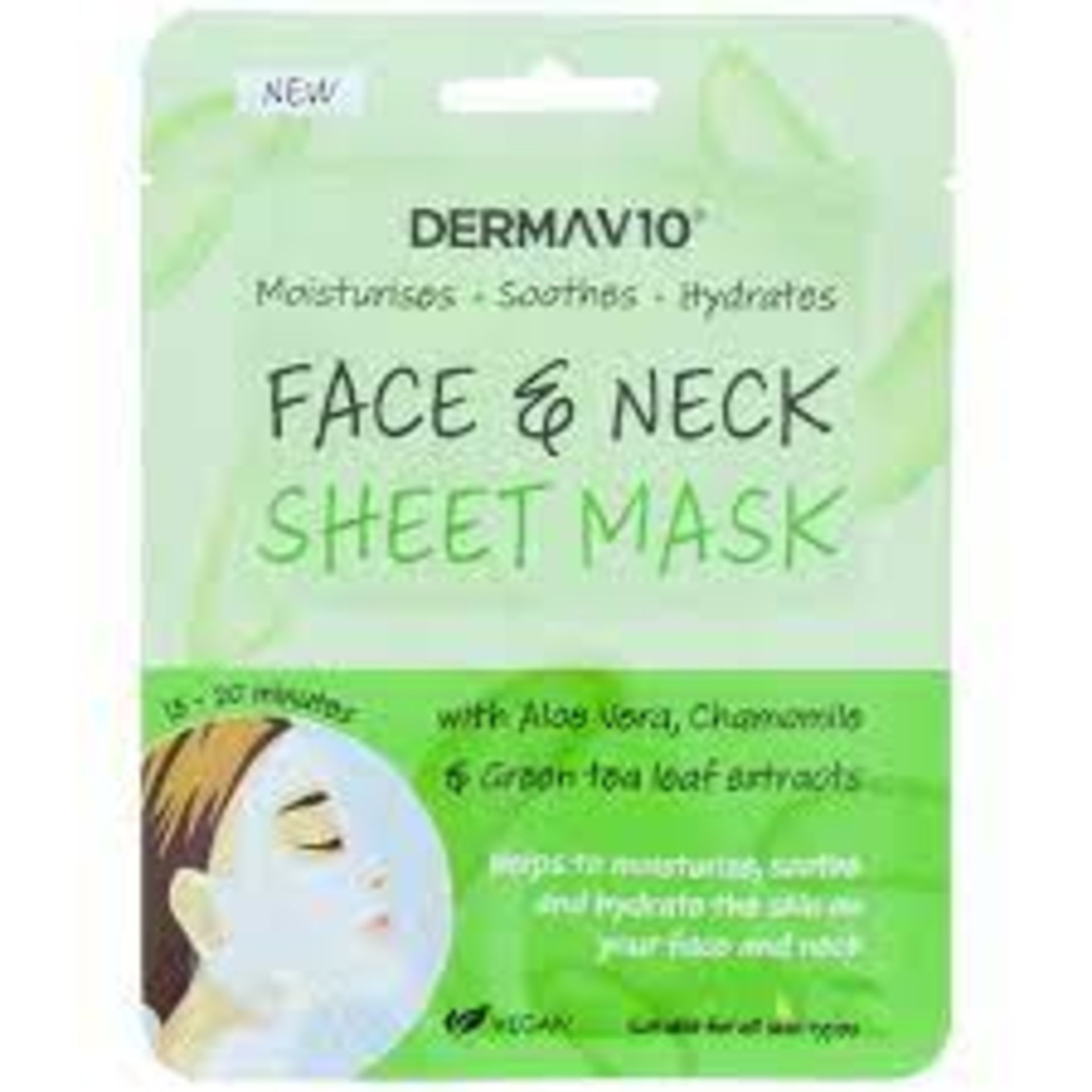 240 x NEW PACKAGED DERMAV10 FACE & NECK SHEET MASKS. MOISTURISES, SOOTHES, HYDRATES. WITH ALOE VERA,