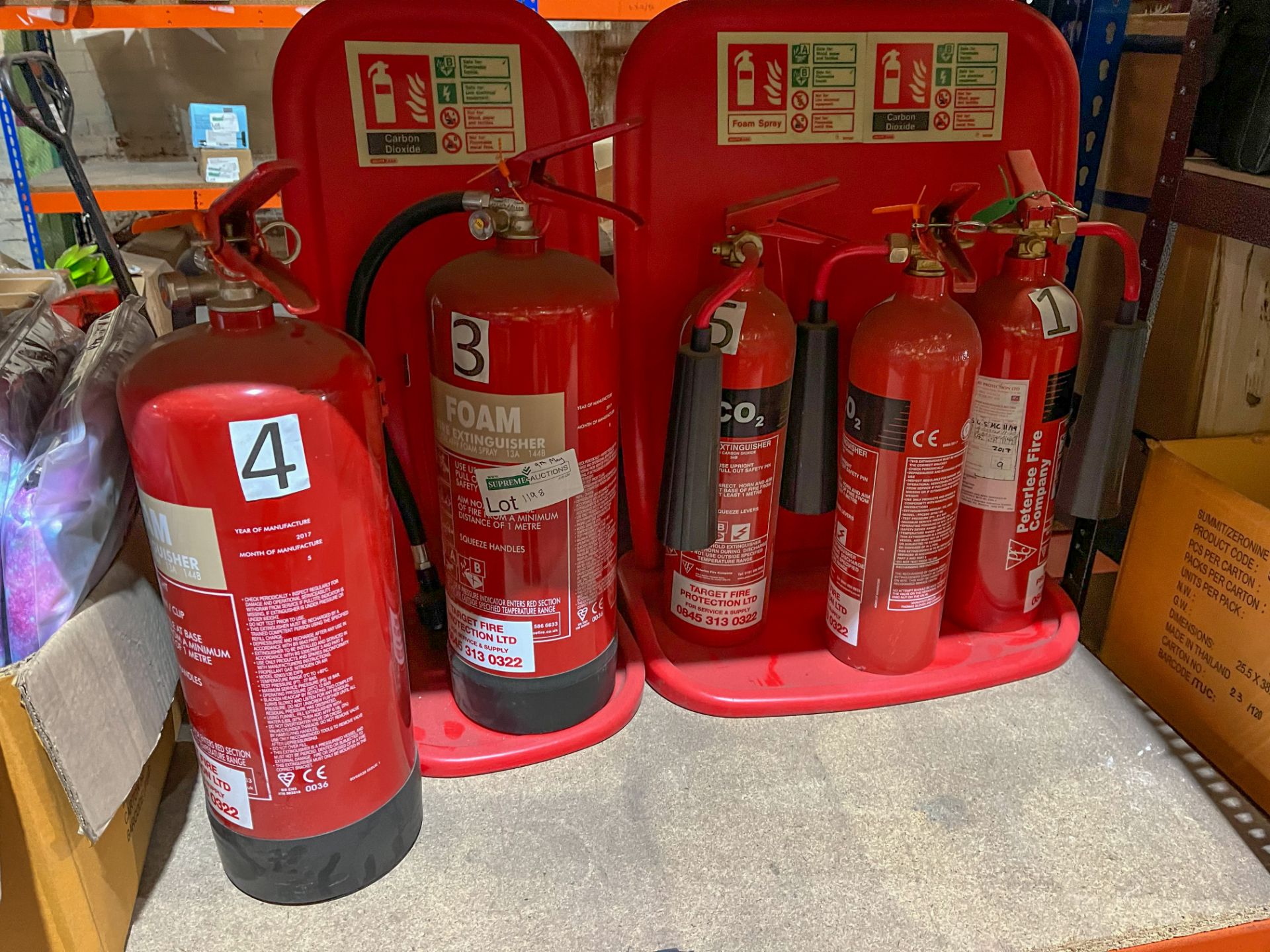 5x MIXED FIRE EXTINGUSHERS WITH STANDS Including Foam & CO2. (PCK3).