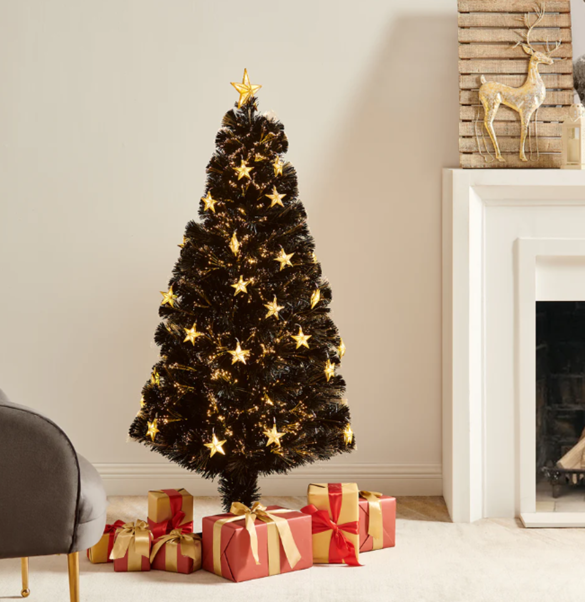 Fibre Optic Artificial Black Pine Christmas Tree with Pre-lit Warm White LED Lights (120cm) - SR4