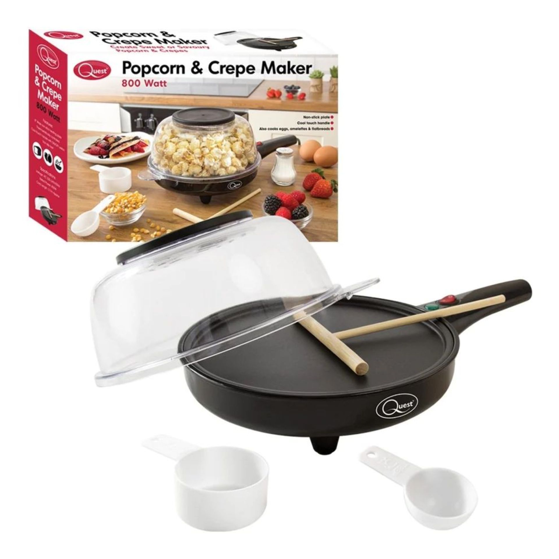 2 X NEW BOXED QUEST POPCORN & CREPE MAKERS. 800W. COOL TOUCH HANDLE. NON-STICK PLATES, ANTI SLIP