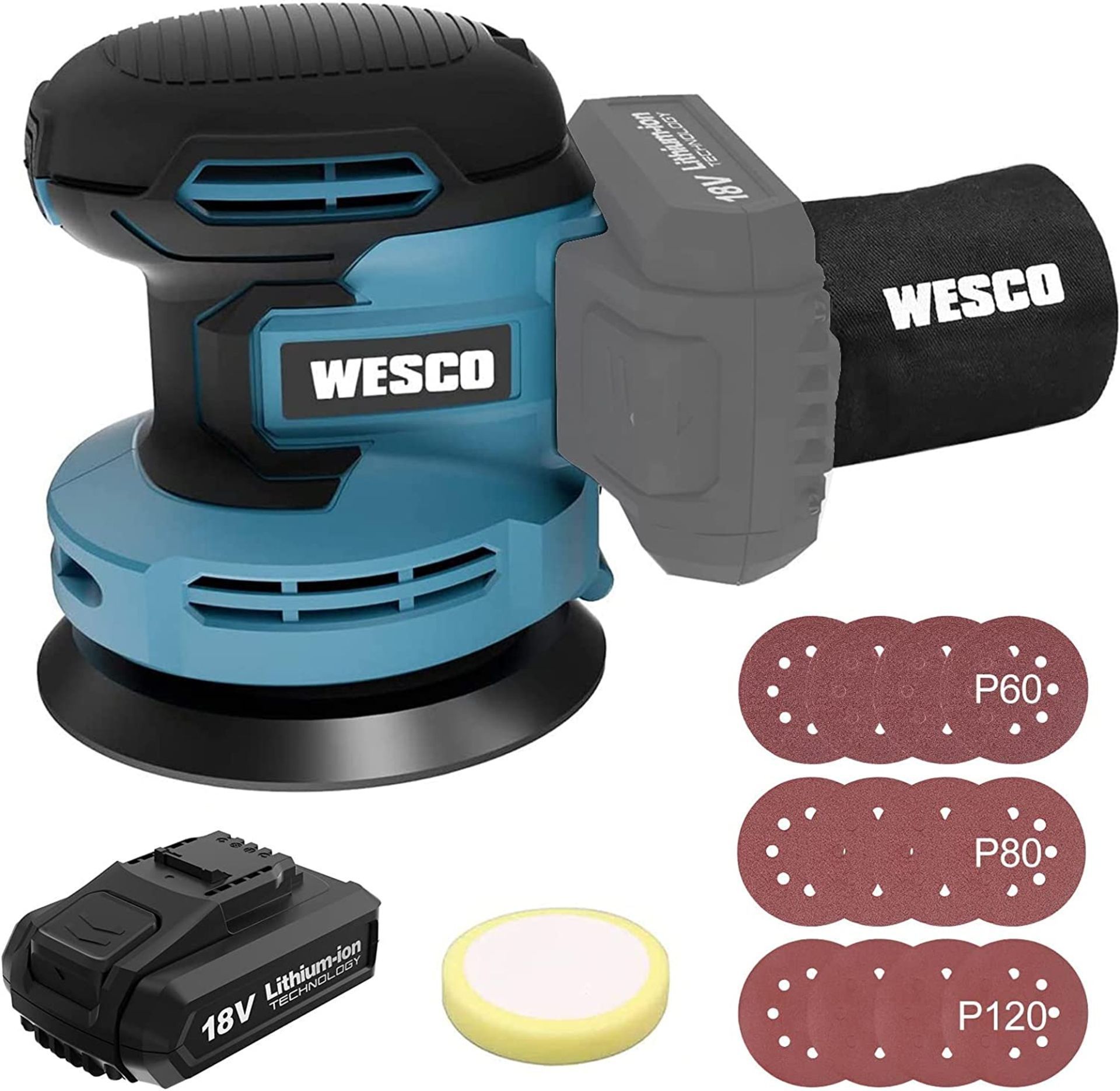 NEW & BOXED WESCO 18V Cordless Random Orbital Sander Electric Sander with 125mm, 2.0Ah Battery &