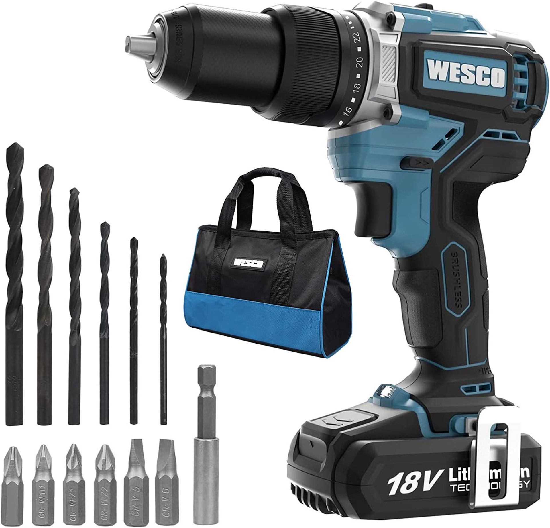 TARDE LOT 8 X NEW BOXED WESCO Brushless Cordless Drill, WESCO 18V 2.0Ah Cordless Combi Drill with 13