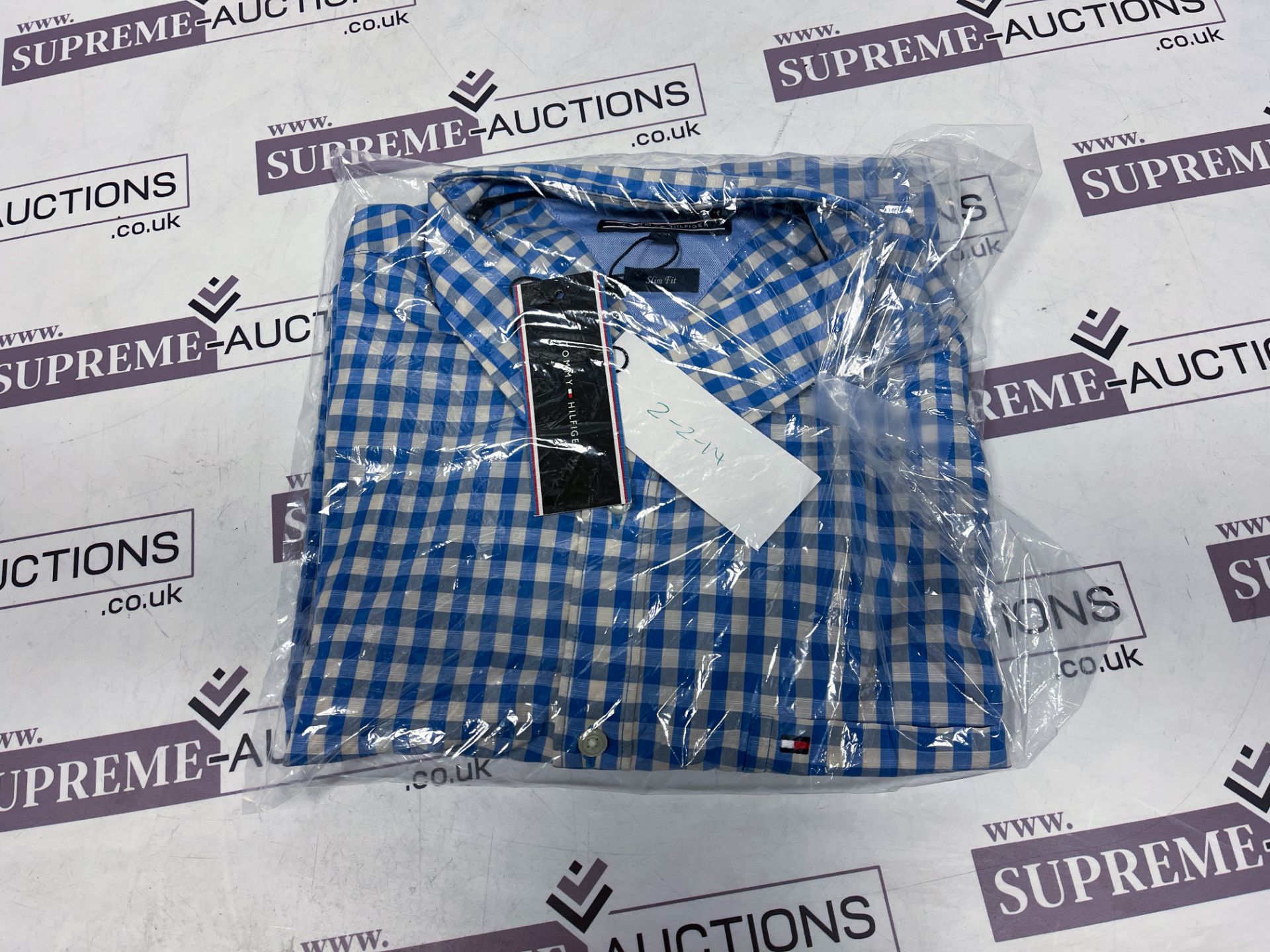 BRAND NEW WITH TAGS TOMMY HILFIGER Mens Slim Fit Gingham Shirt BLUE, SIZE (XL). RRP £84.99. (EBR2)