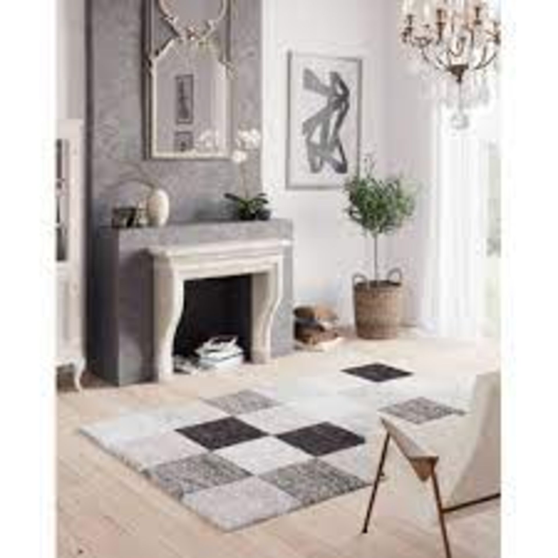 BRAND NEW Aljawhara High Pile Blocks White/Grey Rug Rectangle 200 x 290cm R9B