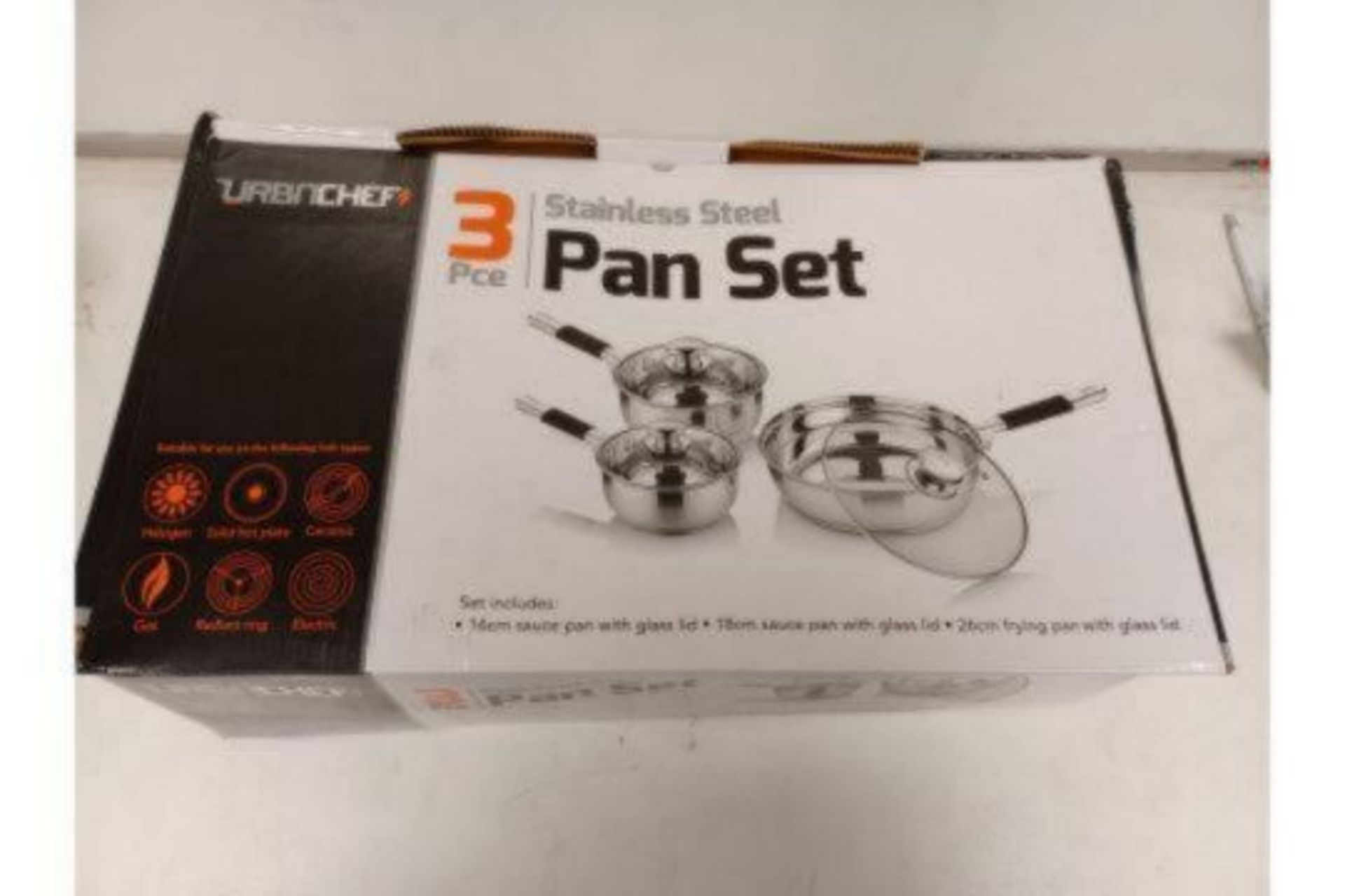 3 X BOXED SETS OF URBNCHEF 3 PIECE STAINLESS STEEL PAN SETS. EACH SET INCLUDES: 16CM SAUCE PAN