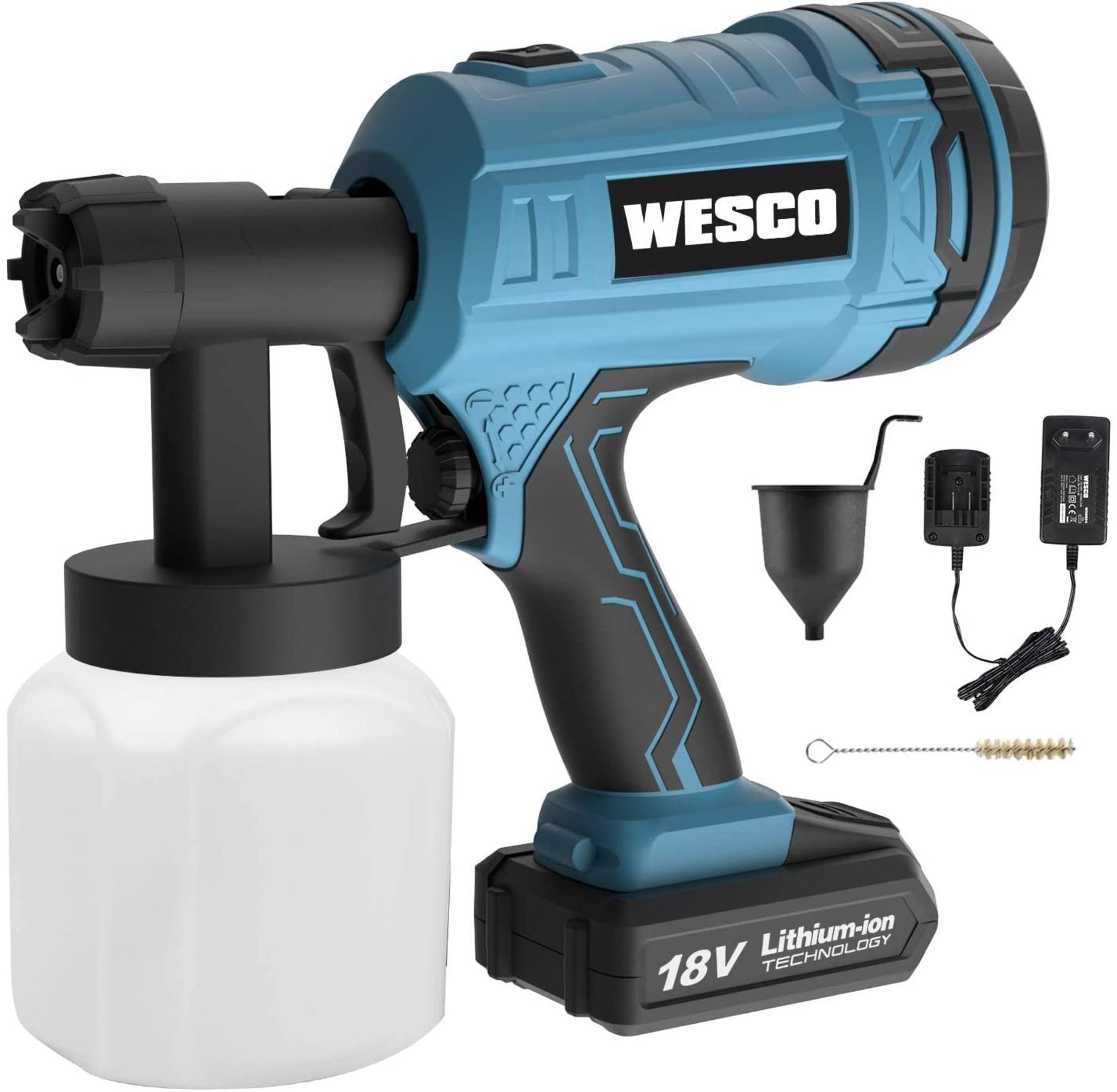 TRADE LOT 8 X New Boxed WESCO 18V 2.0AH 500ml/min Paint Spray Gun with 2.5mm Nozzles and 3 Spray