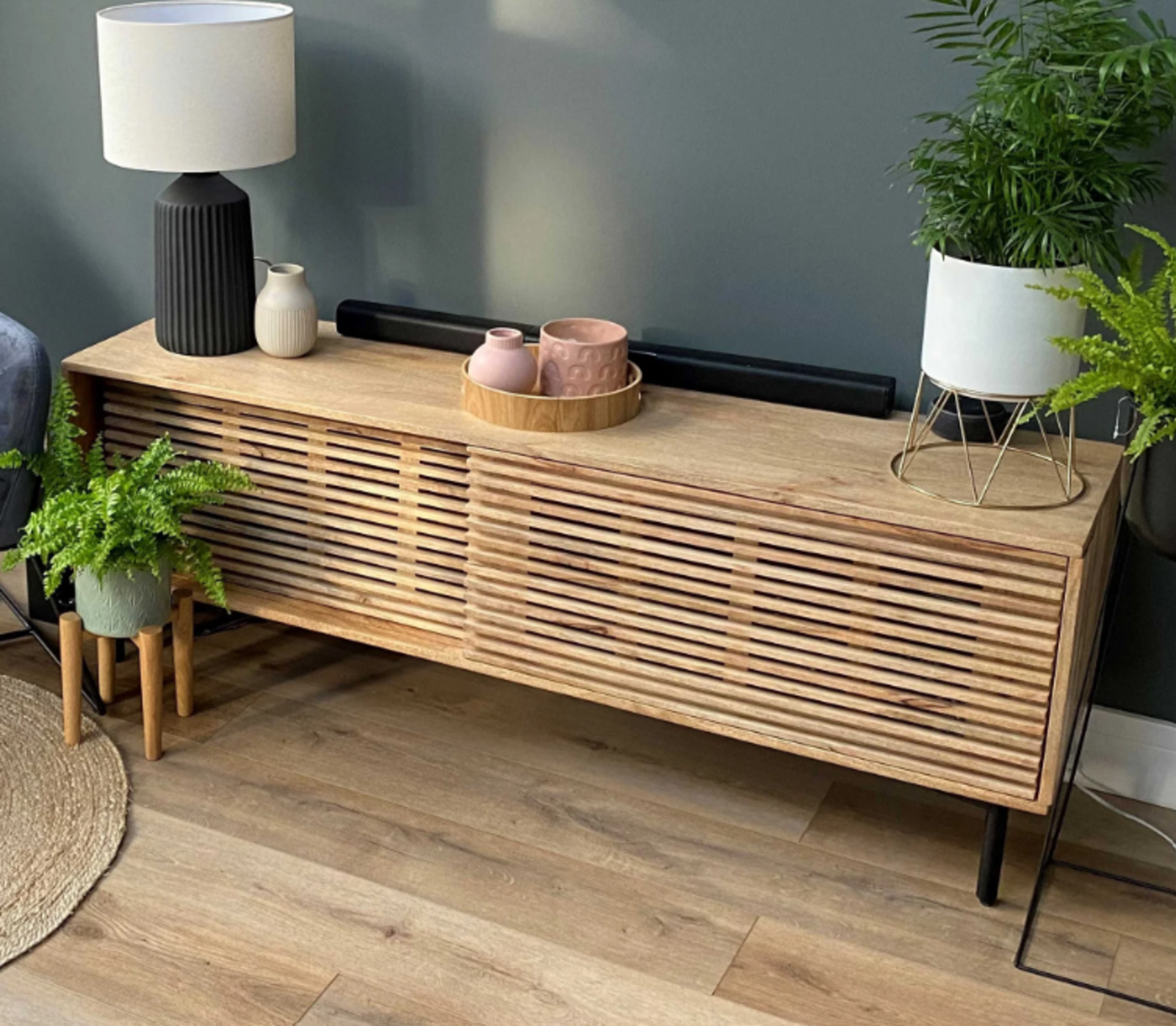 Arjun TV Stand, Mango Wood. RRP £399.00. The slatted front of the mango wood TV stand gives a - Image 2 of 3