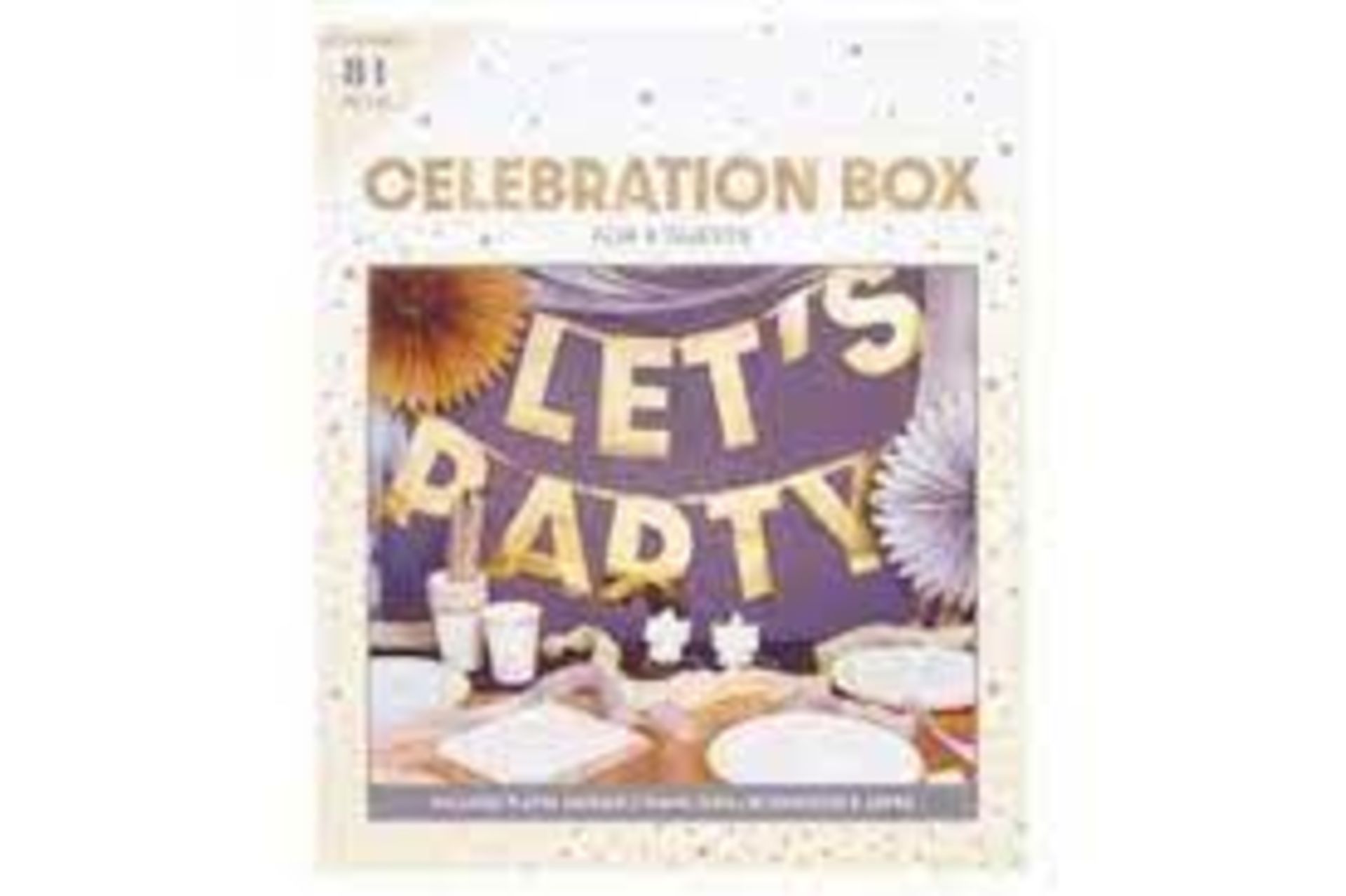 8 x NEW 81 PIECE CELEBRATION BOXES FOR 8 GUESTS. INCLUDES: PLATES, NAPKINS, STRAWS, CUPS,