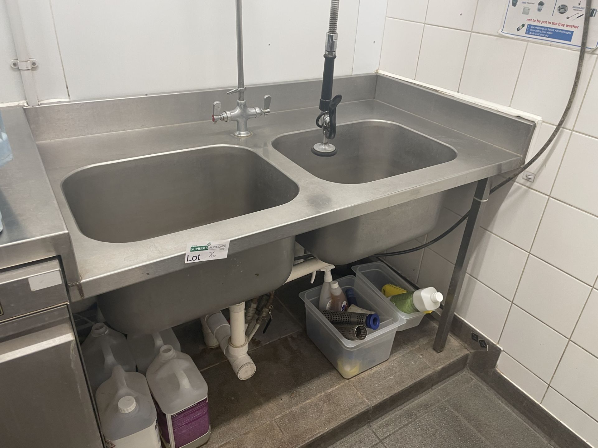 LARGE DOUBLE BASIN STAINLESS STEEL CLEANING UNIT WITH EXPANDABLE TAP (SIZE: 190(L) X 90(D) CM