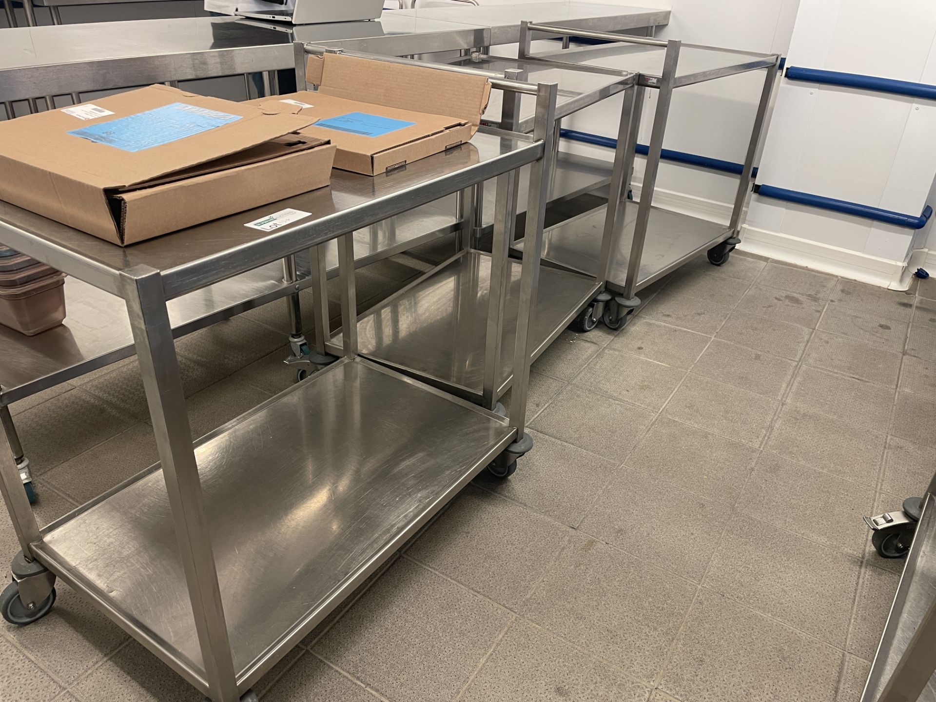 3 X BOBET STAINLESS STEEL WHEELED TROLLEYS (SIZE: 90(L)X58(D)X90(H)CM(PRODUCTION ROOM)