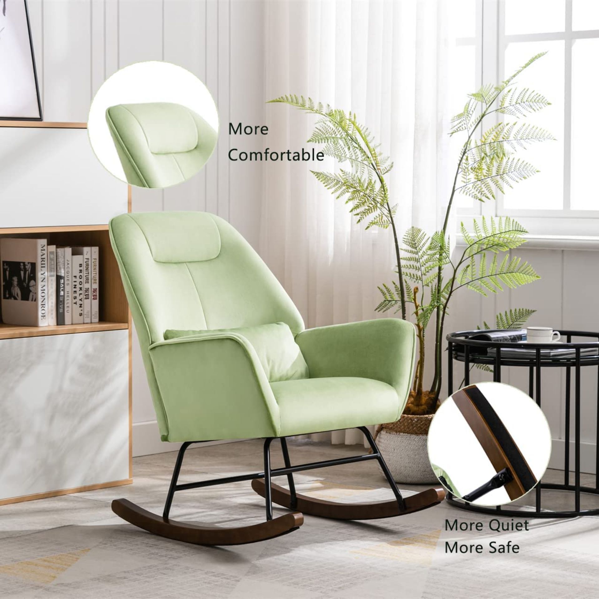 NEW HomeMiYN Velvet Nursery Rocking Chair, Upholstered Reading Wingback Accent Chair for Baby - Image 4 of 4
