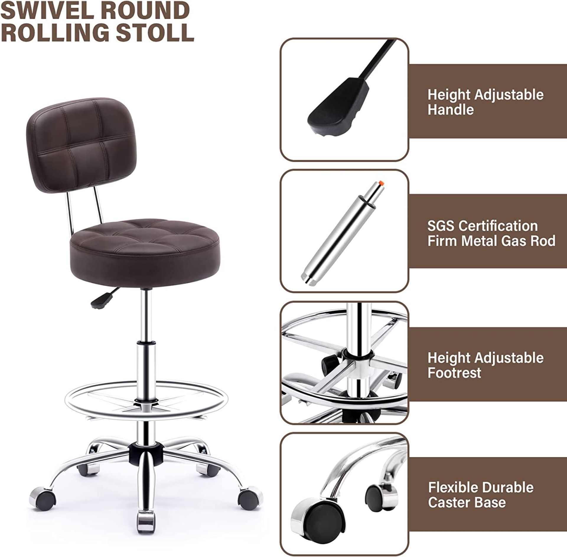 NEW Rolling stool with High Backrest and Adjustable Footrest, Leather Massage Stool Ergonomic - Image 5 of 5