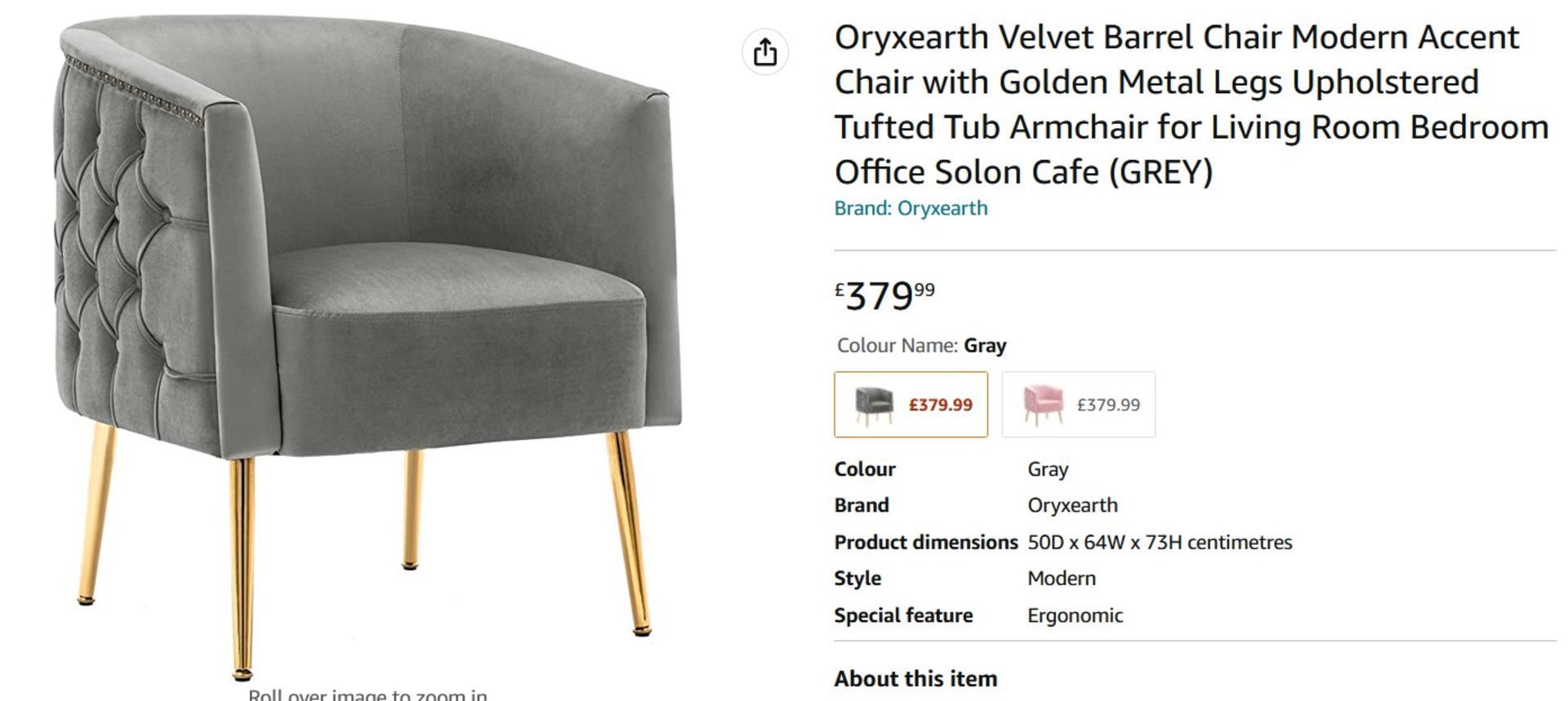 NEW Oryxearth Velvet Barrel Chair Modern Accent Chair with Golden Metal Legs Upholstered Tufted - Image 2 of 3