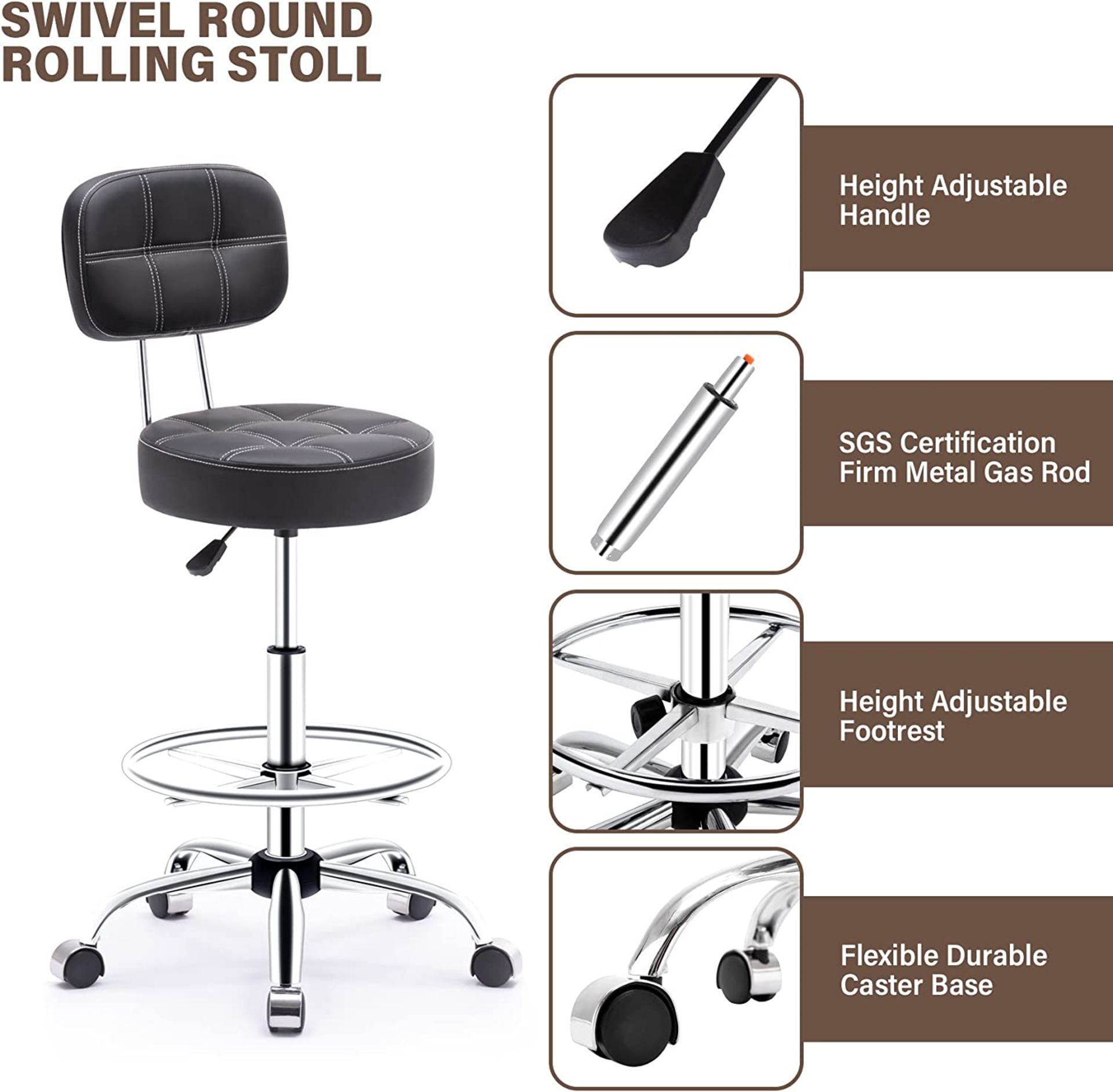 NEW Rolling stool with High Backrest and Adjustable Footrest, Leather Massage Stool Ergonomic - Image 4 of 5