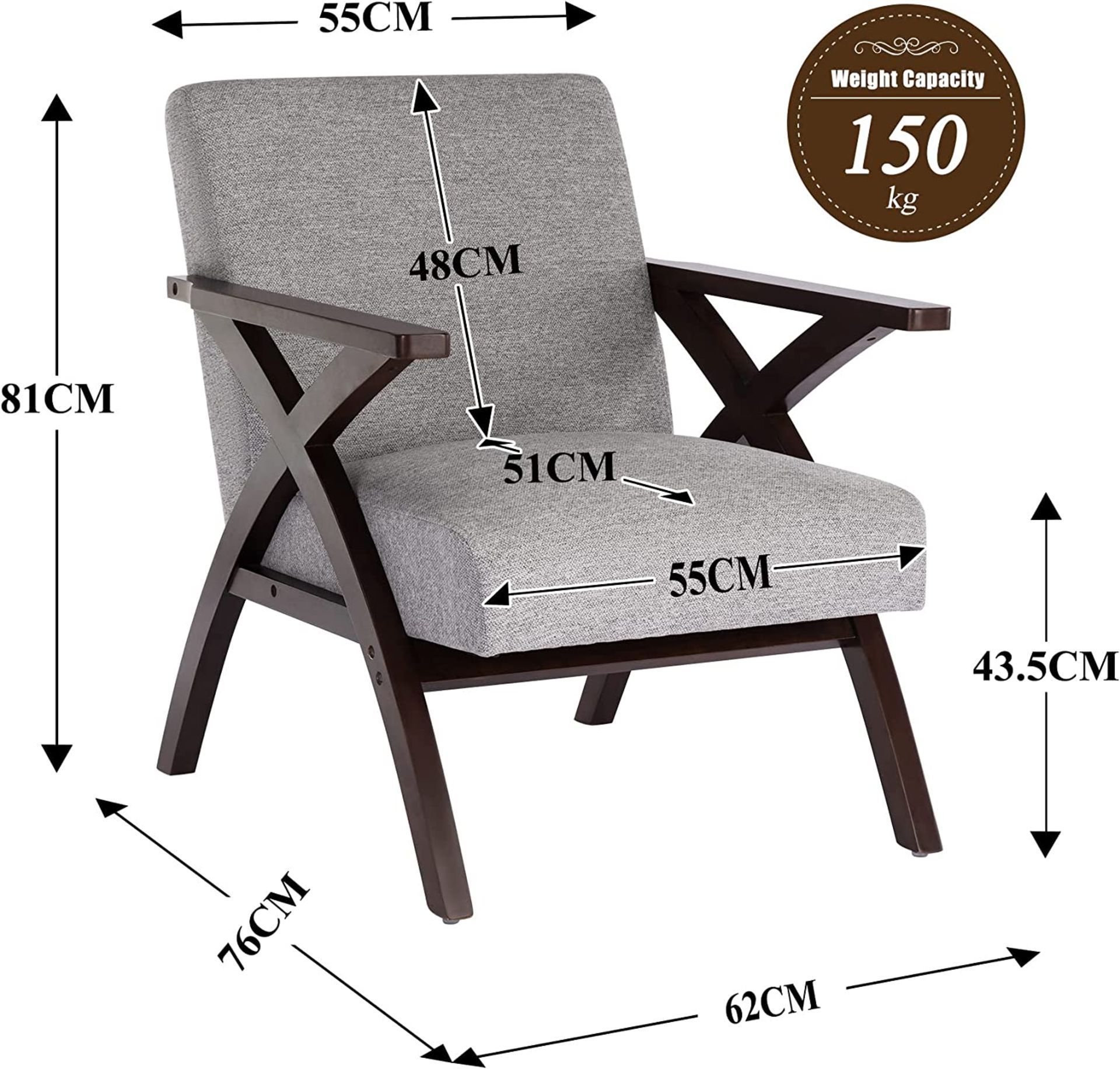 NEW HomeMiYN Mid-Century Wooden Armchair, Upholstered Fabric Elegant X-Frame Accent Chair, Retro - Image 2 of 5
