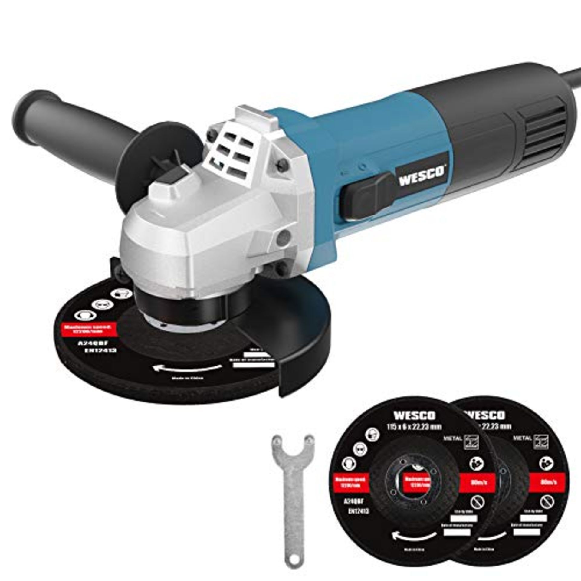 2 X NEW BOXED WESCO 900W Angle Grinder Tool, 11000RPM 115mm, 3 Metal Grinding Wheels WS4751.2