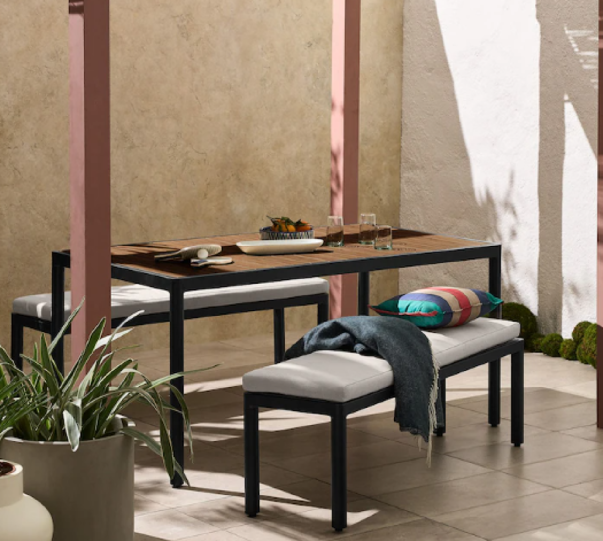 Brand New & Boxed MADE.COM Sassari Garden Dining Bench Set. RRP £799.00. Garden furniture can be