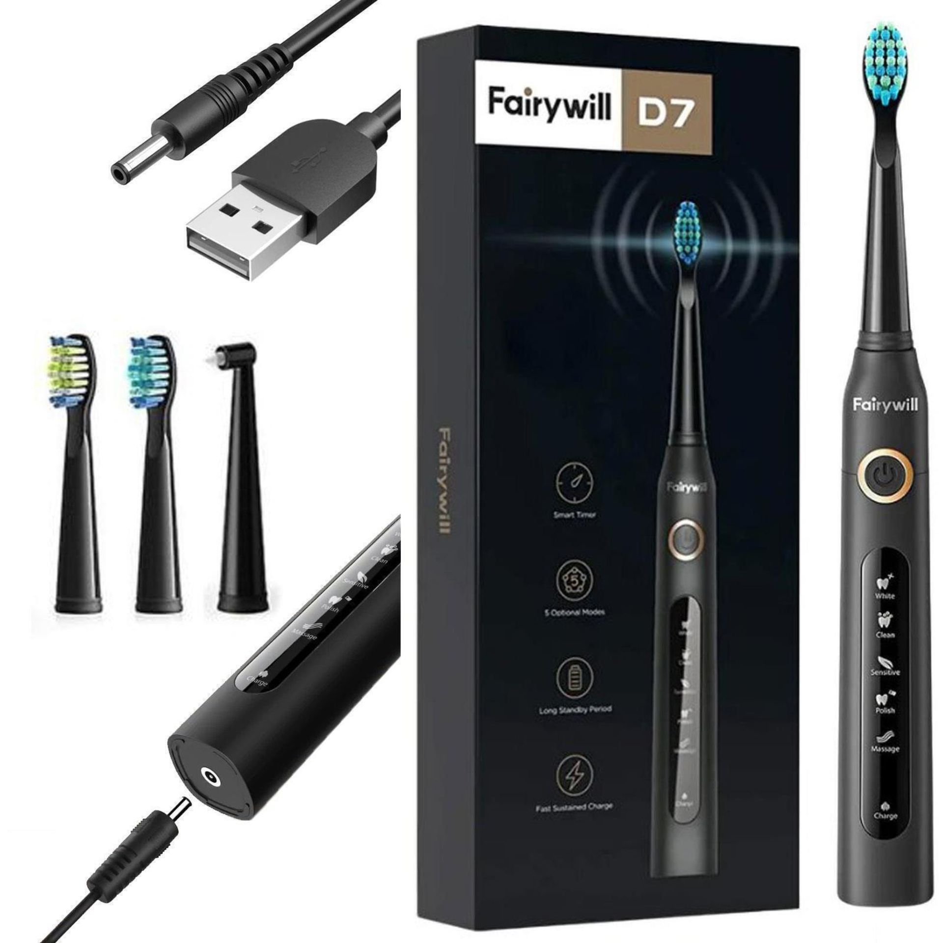 2 X BRAND NEW BOXED FAIRYWELL D7 VALUEPACK SONIC ELECTRIC TOOTHBRUSH SET. SMART TIMER, 5 OPTIONAL