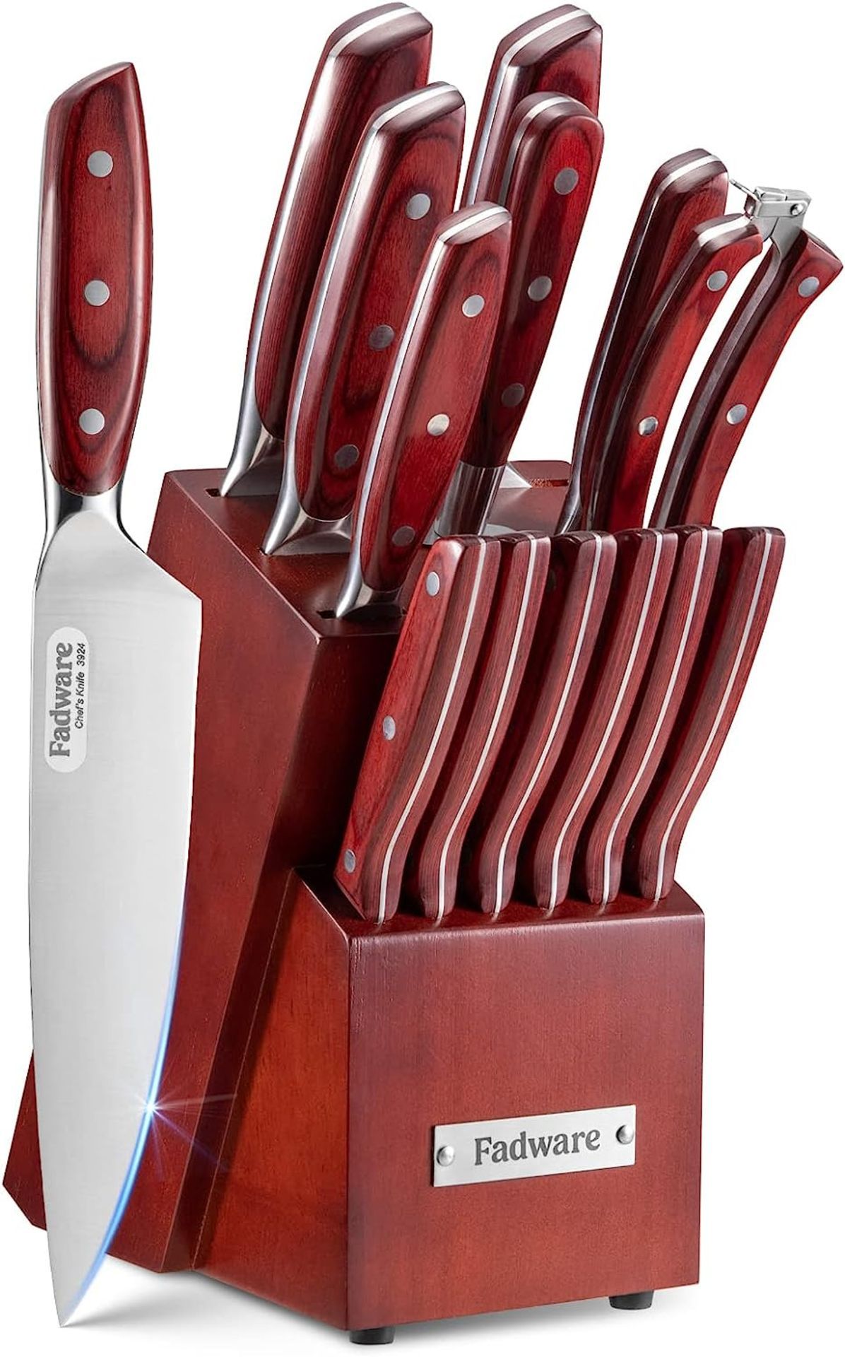 BRAND NEW FADWARE PREMIUM 14 PIECE KNIFE SET WITH KNIFE BLOCK AND SHARPENING STEEL RED RRP £149