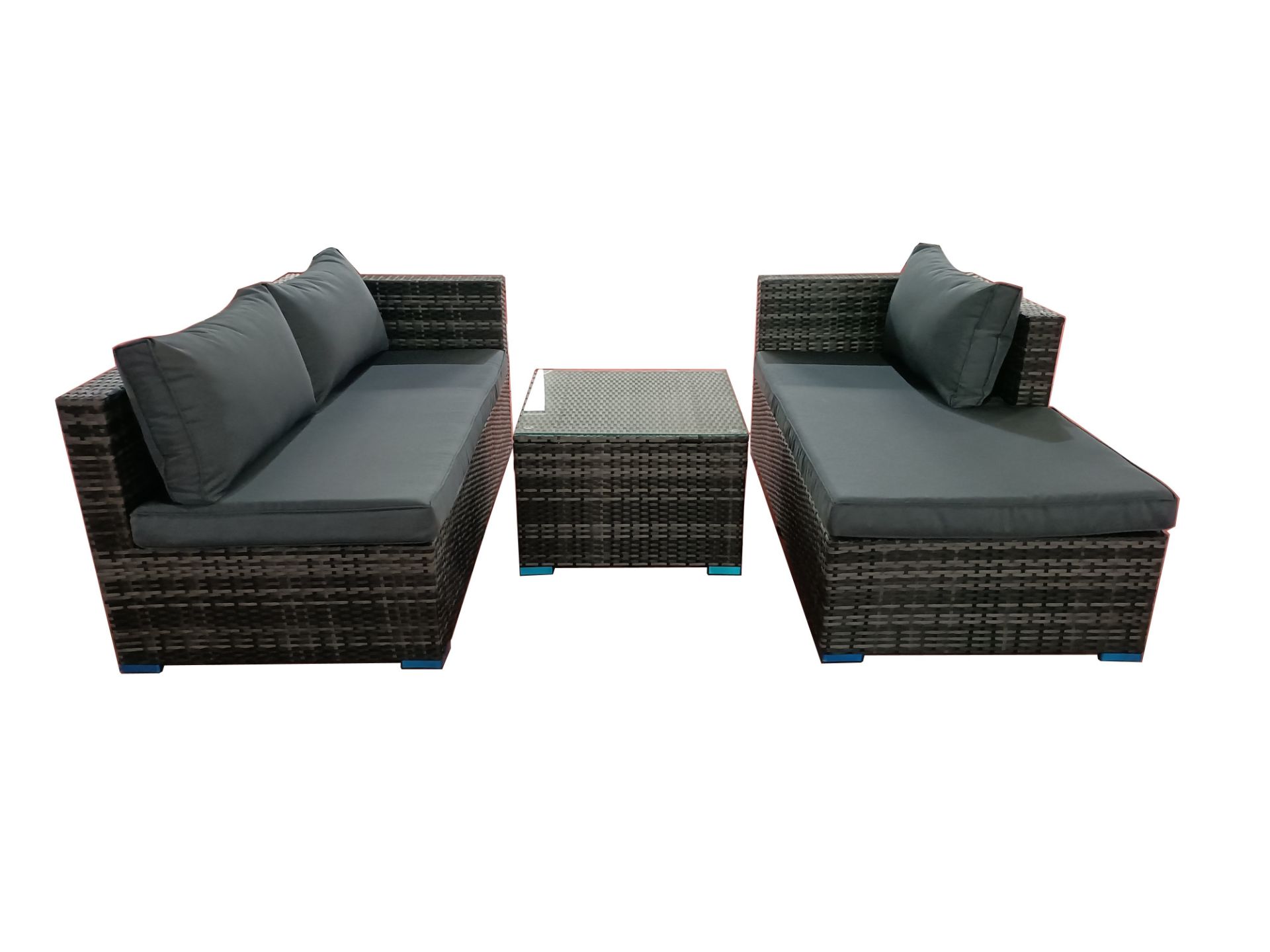 BOX NEW RATTAN GREY 3P/C OPTIONAL CORNER SUITE, C/W SOFA, LOUNGER, COFFEE TABLE, GLASS