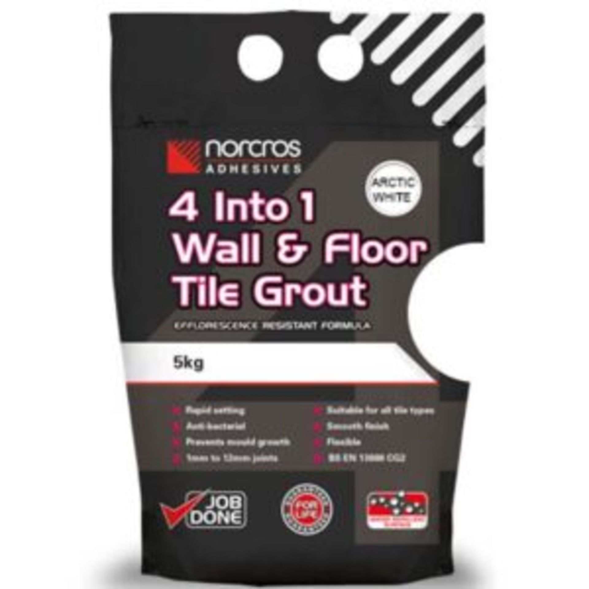PALLET TO CONTAIN 72 x NEW 5KG BAGS OF NORCROS 4 INTO 1 WALL & FLOOR TILE GROUT – ARCTIC WHITE – 5KG