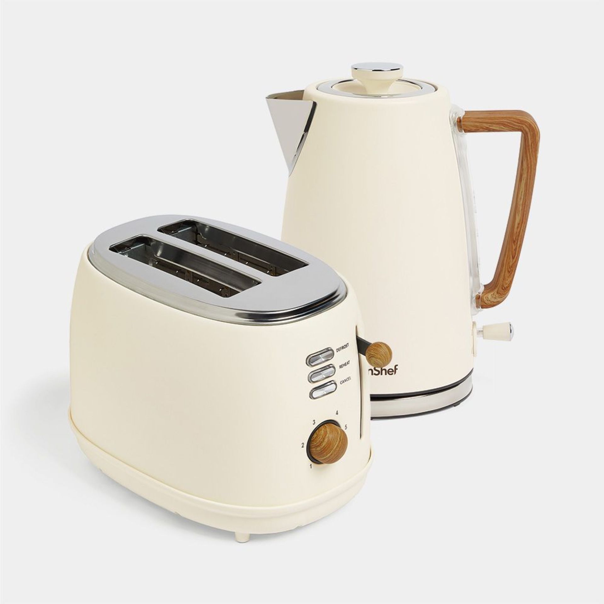 Cream & Wood Kettle & Toaster Set. - BI. Featuring wood-effect accents and a clean matte cream