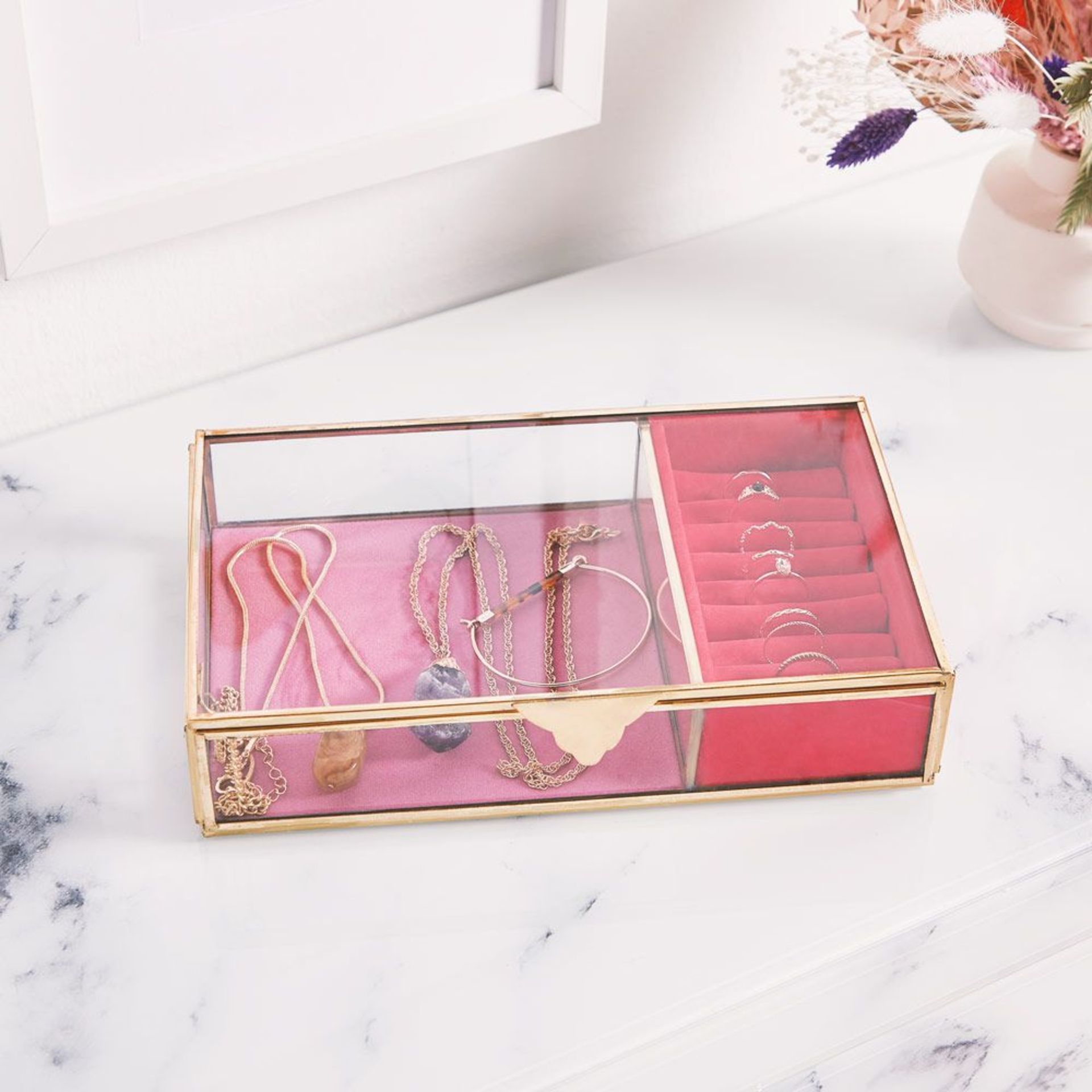 Gold & Glass Pink Velvet Jewellery Box. - BI. Store away jewellery in contemporary style with our