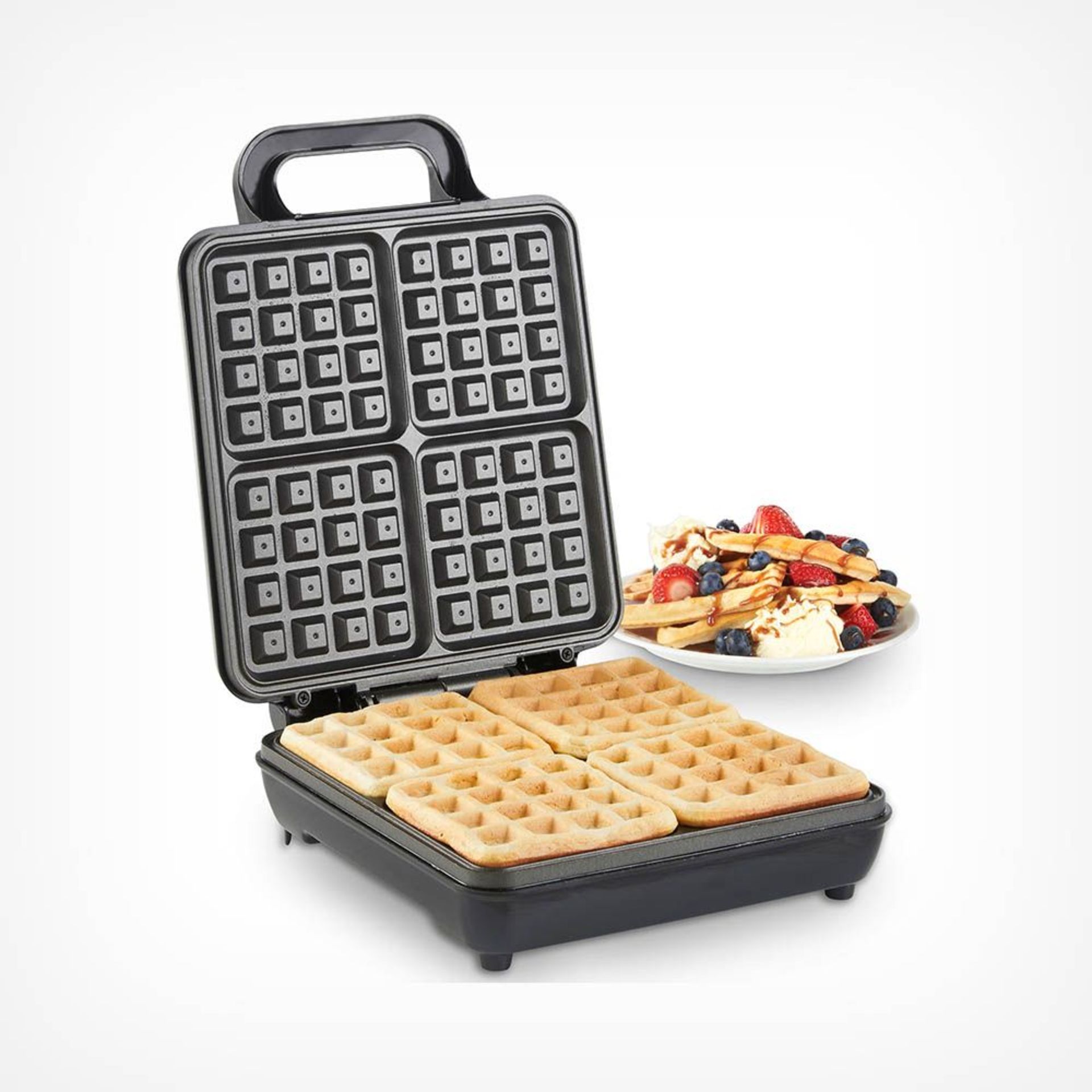 Quad Waffle Maker. -INSL. With a non-stick coating, automatic temperature control and a quick heat