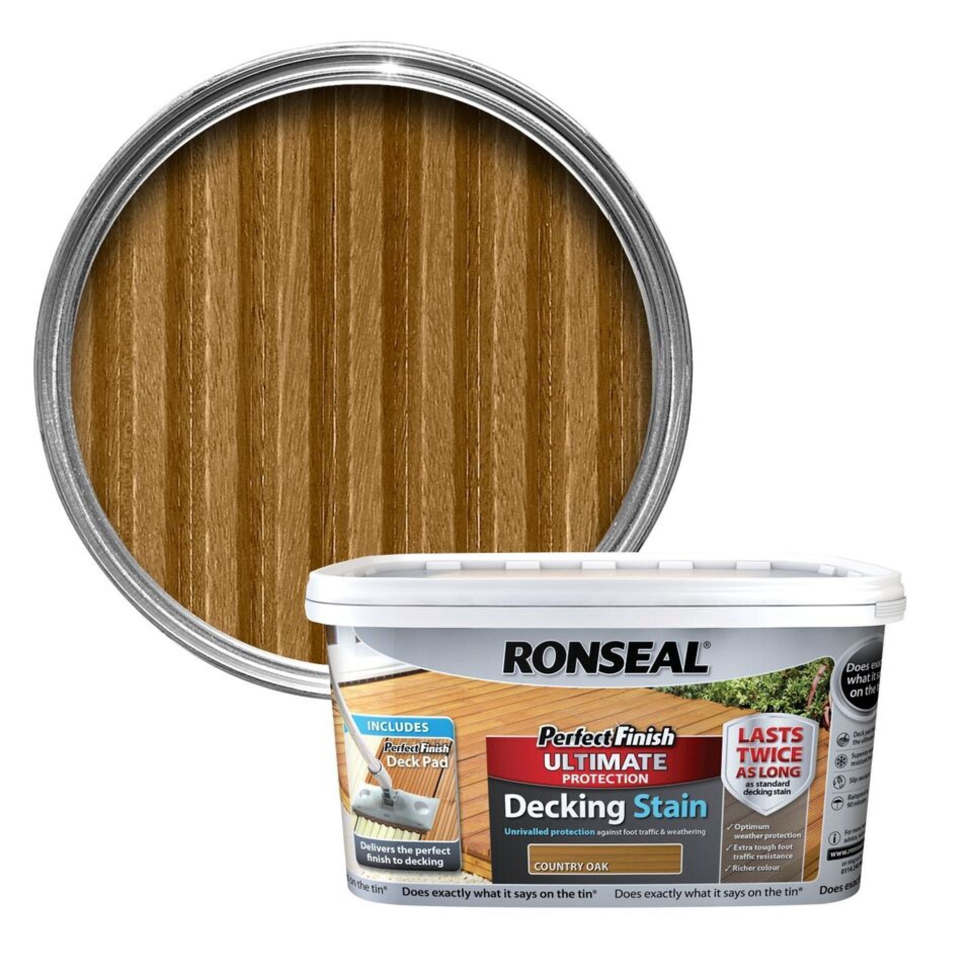 4 X BRAND NEW RONSEAL PERFECT FINISH DECKING STAIN COUNTRY OAK 2.5LT RRP £48 EACH