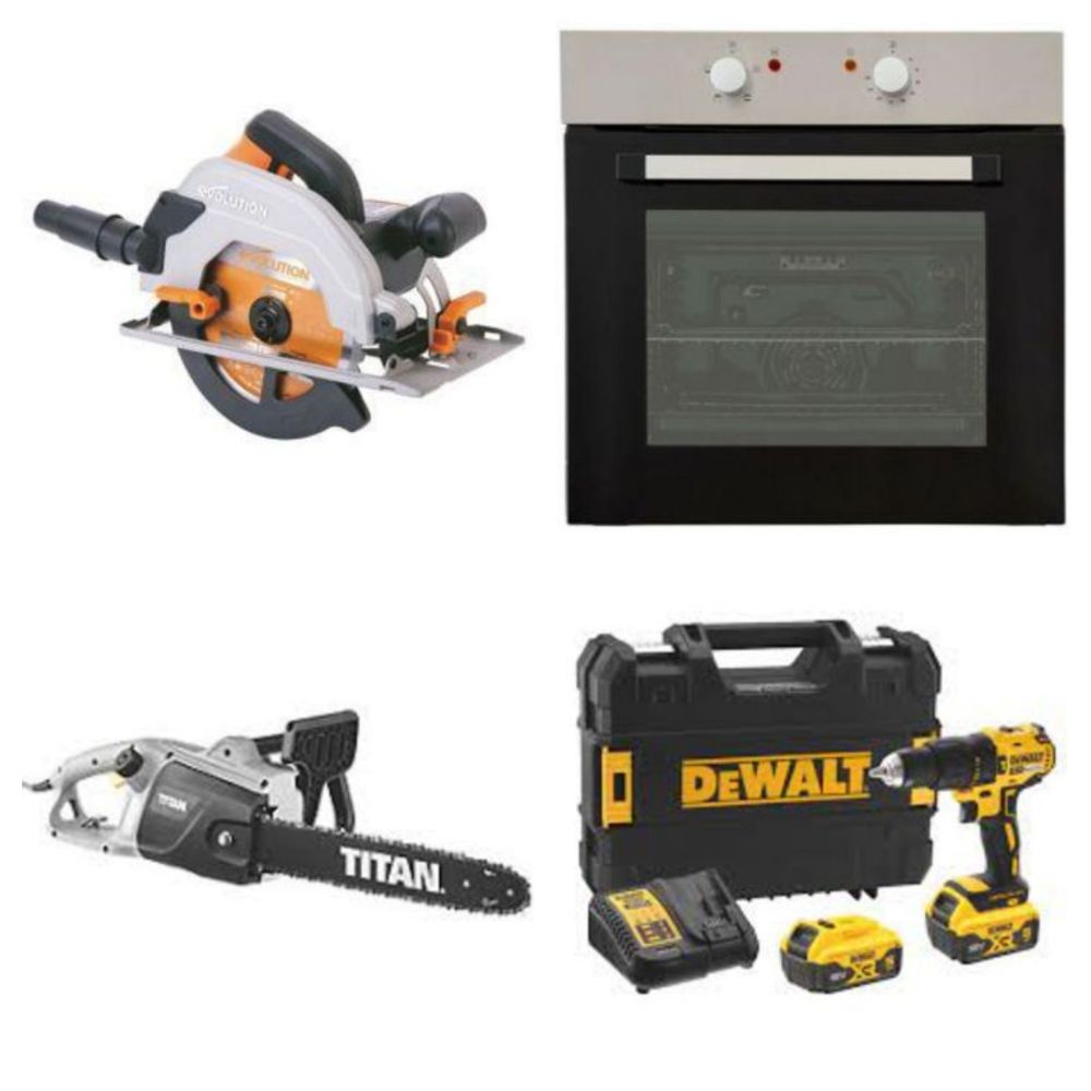 Ovens, Hobs, Extensions, Lawnmowers, Drills, Trimmers, Pressure Washers, Circular Saws, Chainsaws. Brands such as Dewalt, Titan, Erbauer & more