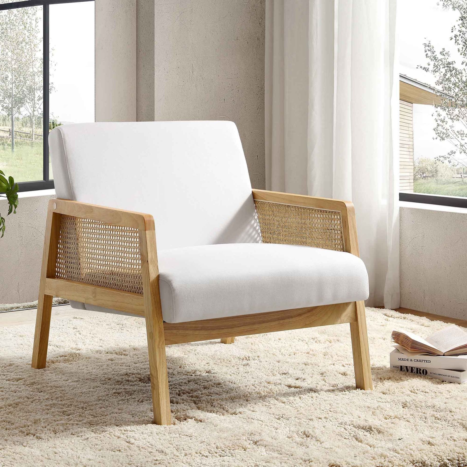 Fyne Beige Fabric Natural Frame Rattan Armchair. - BI. RRP £229.99. Crafted from solid wood, the