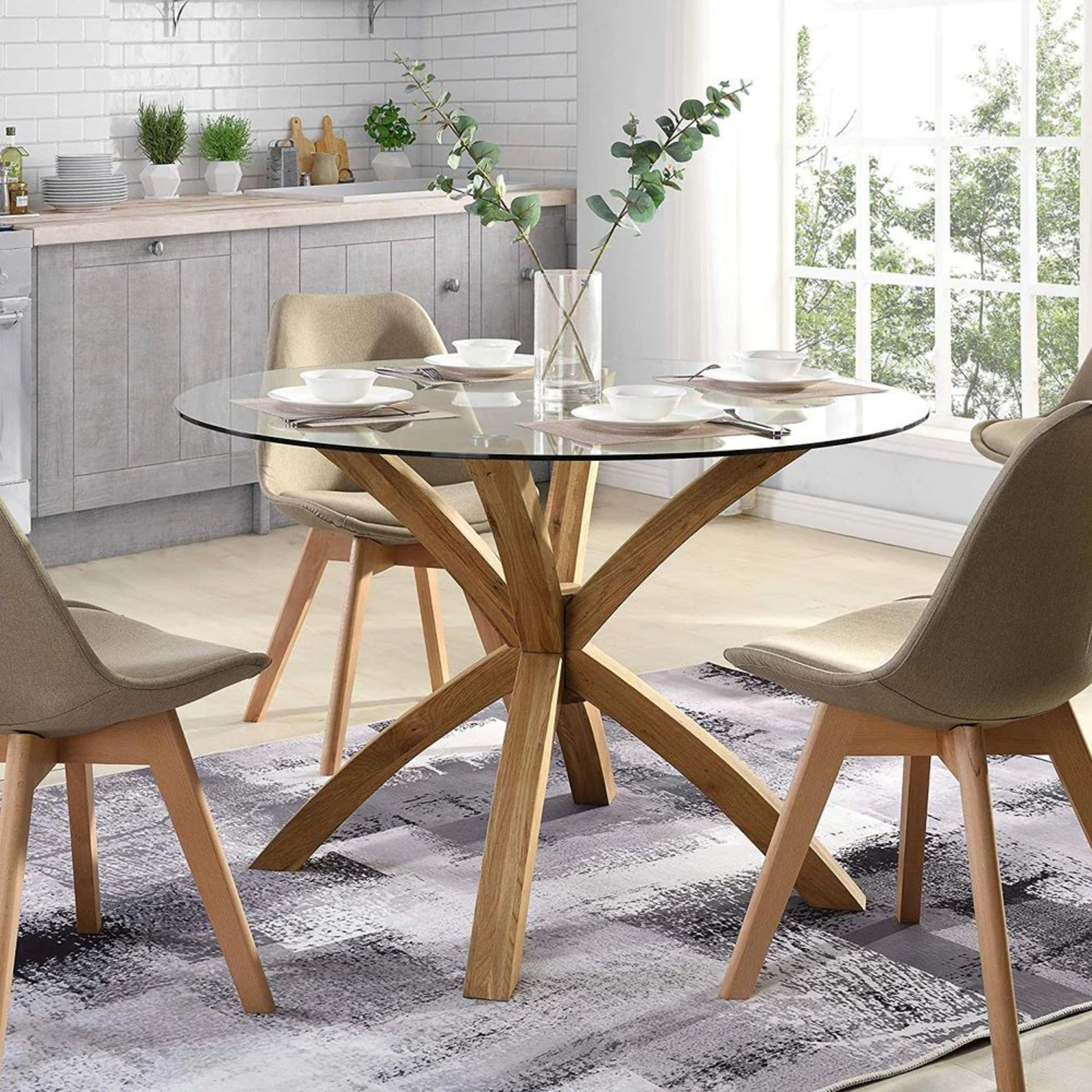 Lugano 110cm Round Glass Top Solid Oak Legs Dining Table. - BI. RRP £379.99. Featuring four subtly
