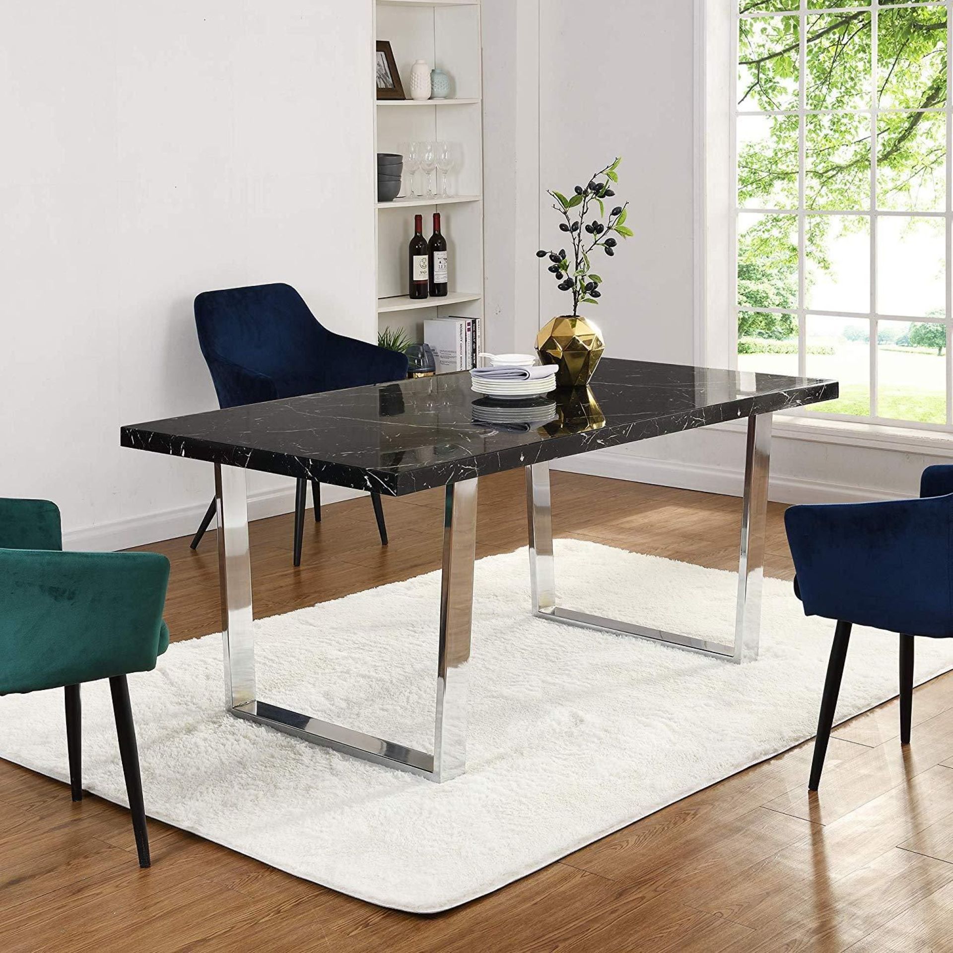 BIASCA 6-Seater High Gloss Marble Effect Dining Table with Silver Chrome Legs Black. BI. RRP £359.