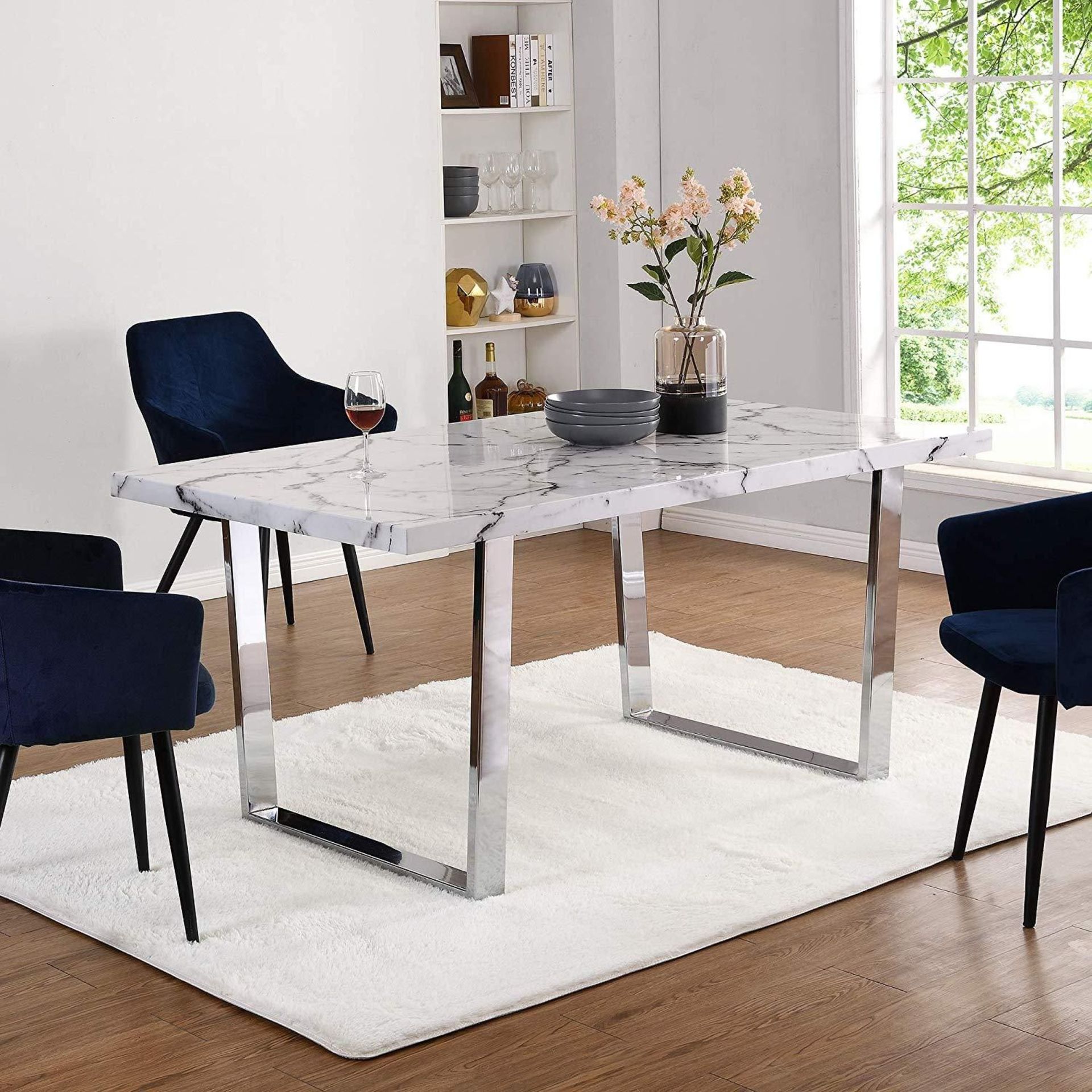 BIASCA 6-Seater High Gloss Marble Effect Dining Table with Silver Chrome Legs White. - BI. RRP £