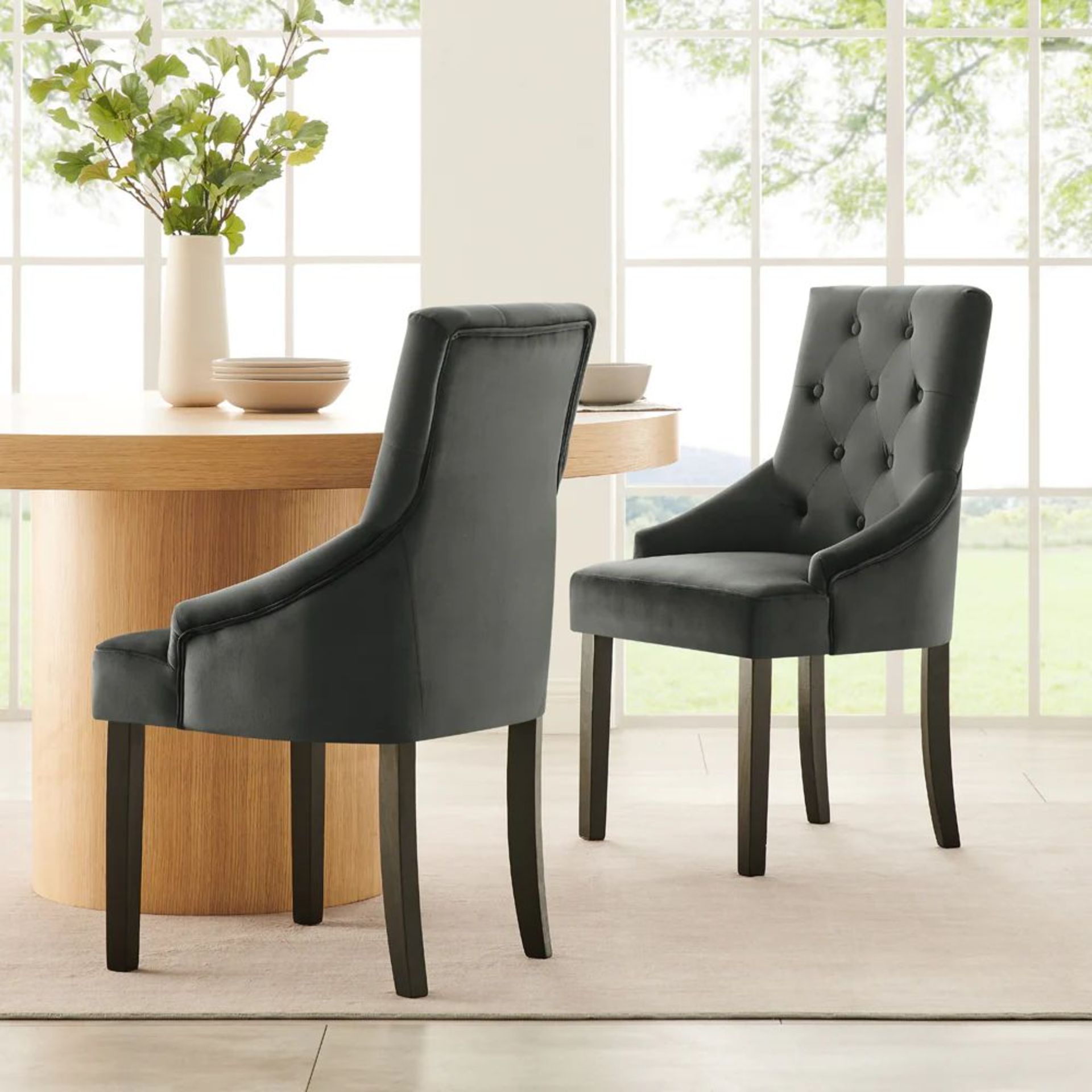 Harbury Set of 2 Buttoned Dining Chairs (Dark Grey Velvet with Black Legs). - BI. RRP £309.99. Our