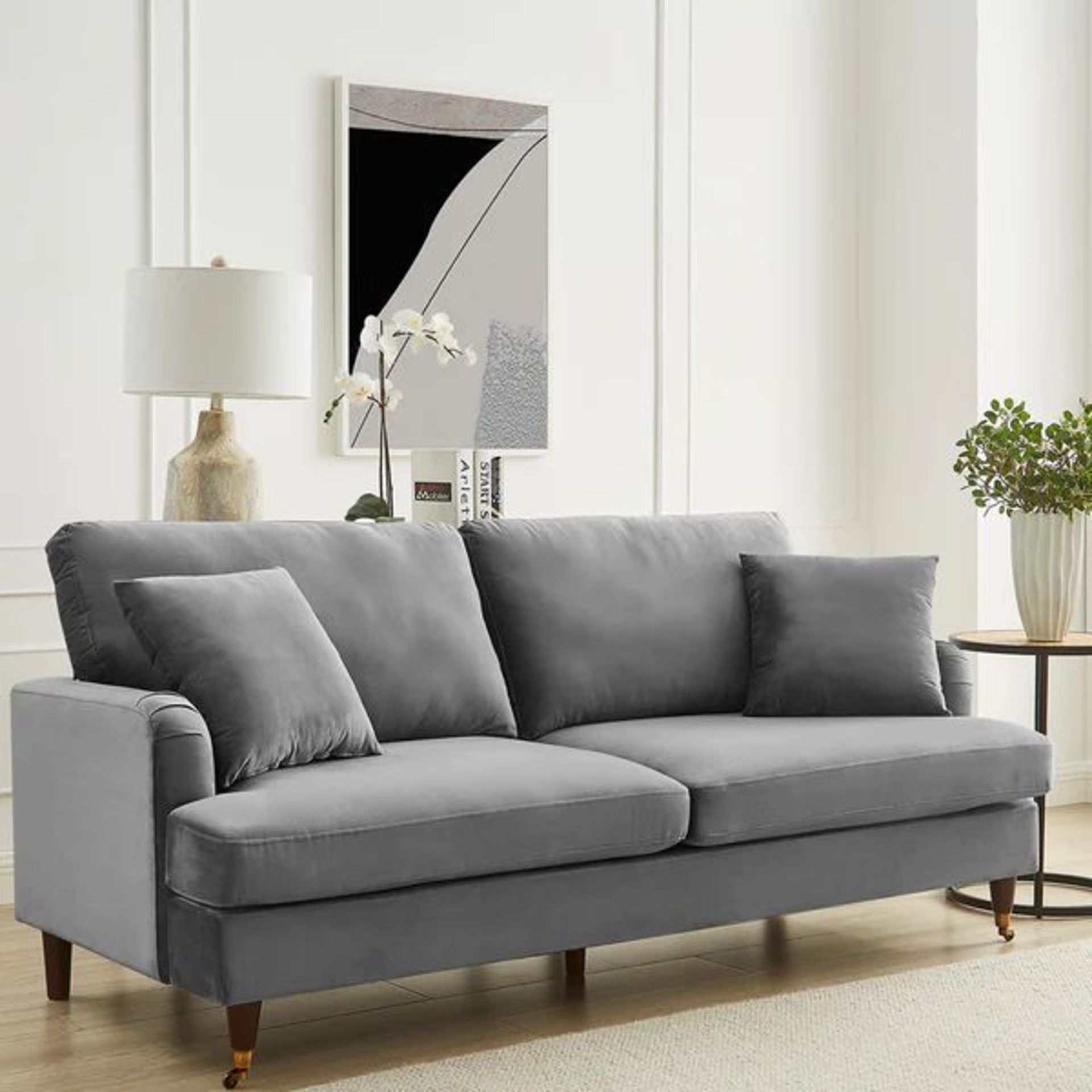 Brigette 3-Seater Grey Velvet Sofa with Antique Brass Castor Legs. - SR5. RRP £659.99. Featuring - Image 2 of 2